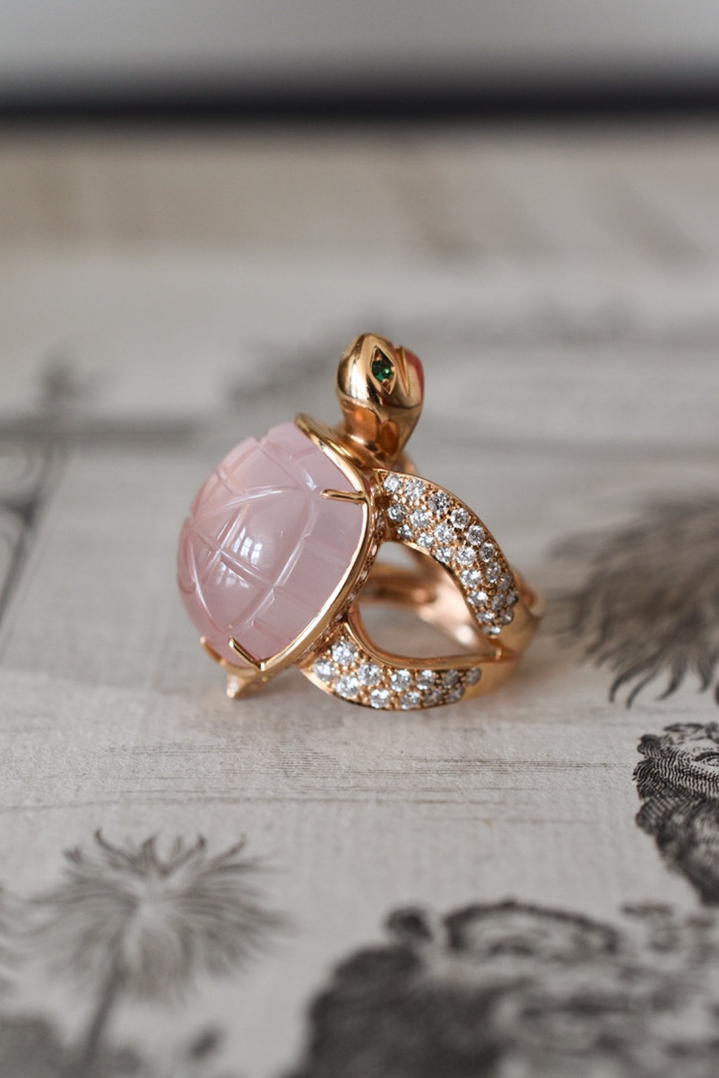 Boucheron 'Honu' Rose Quartz and Diamond Sea Turtle Ring in 18k Yellow Gold