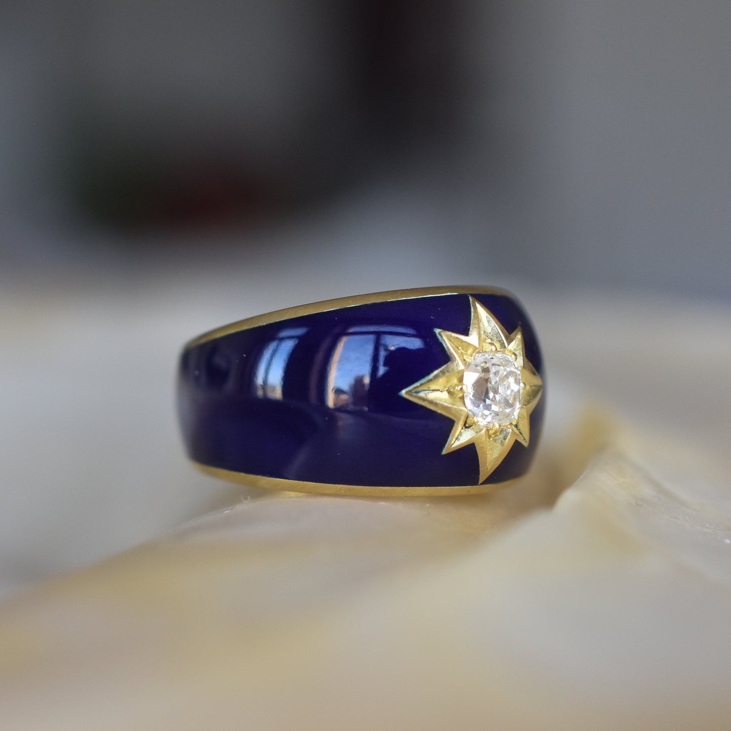 Old Mine cut Diamond and Blue Enamel Celestial ‘Star’ Ring in 18k Yellow Gold