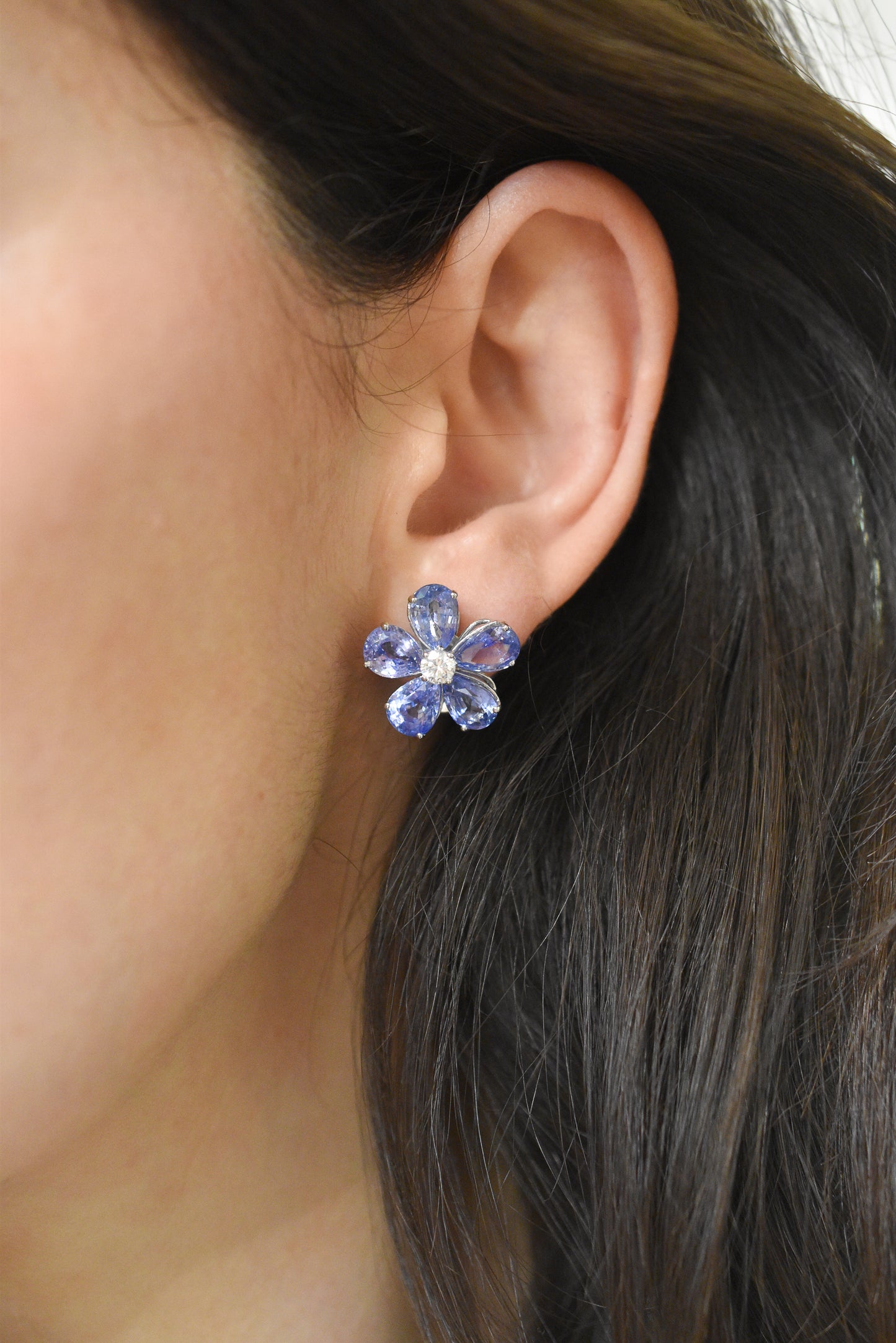 10ct Ceylon Sapphire and Diamond Flower Cluster Earrings in Platinum