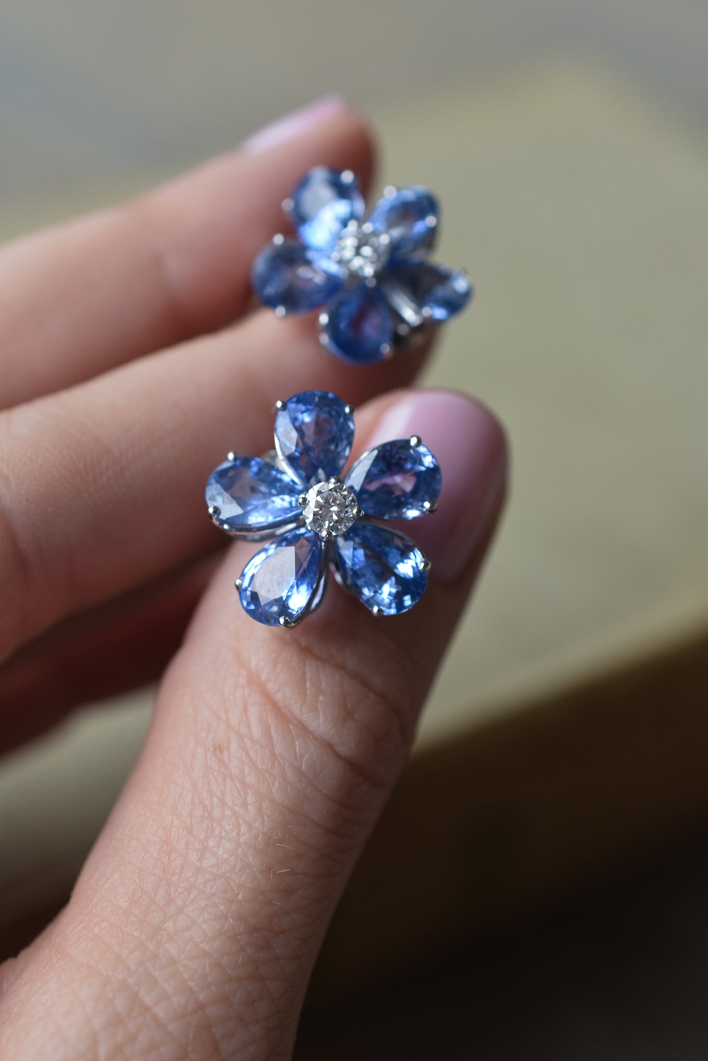 10ct Ceylon Sapphire and Diamond Flower Cluster Earrings in Platinum