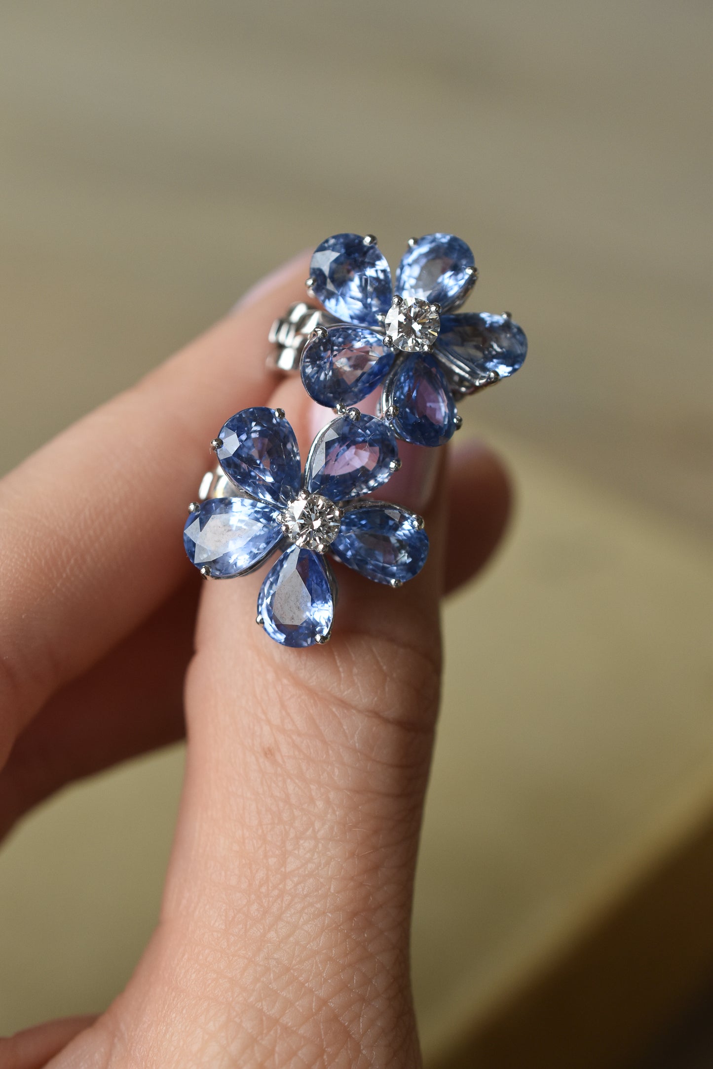 10ct Ceylon Sapphire and Diamond Flower Cluster Earrings in Platinum