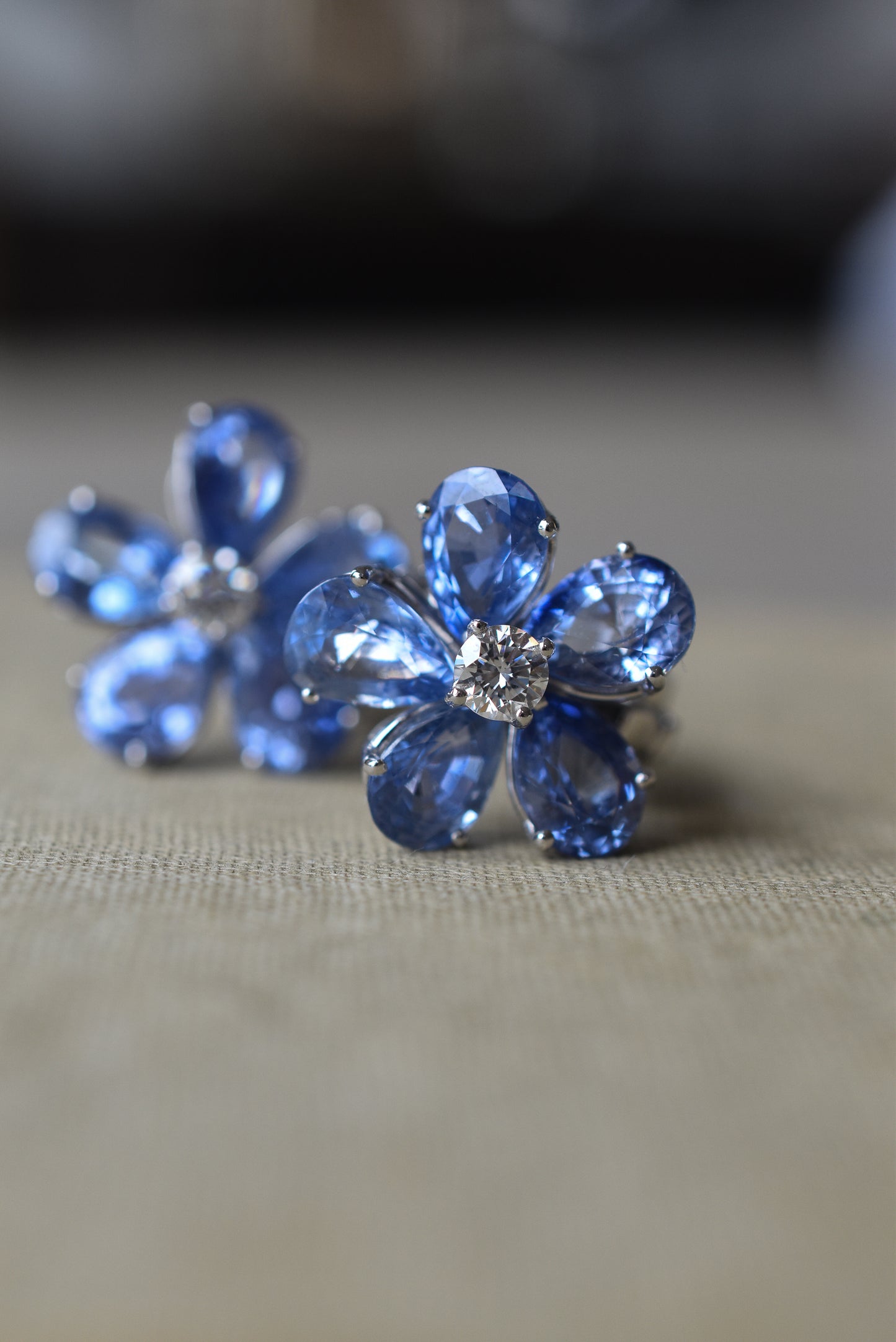 10ct Ceylon Sapphire and Diamond Flower Cluster Earrings in Platinum