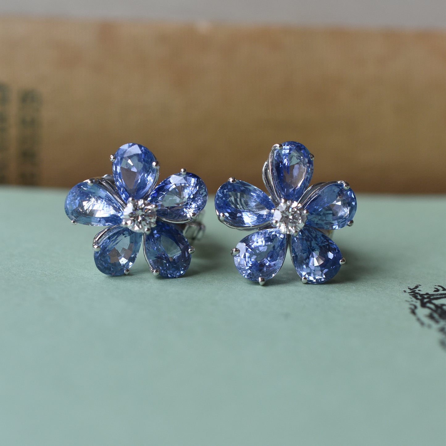 10ct Ceylon Sapphire and Diamond Flower Cluster Earrings in Platinum