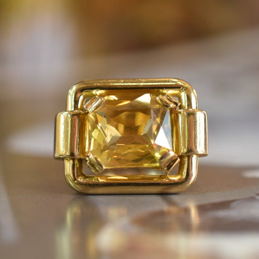1940s French Retro Citrine Tank Ring in 18k Yellow Gold