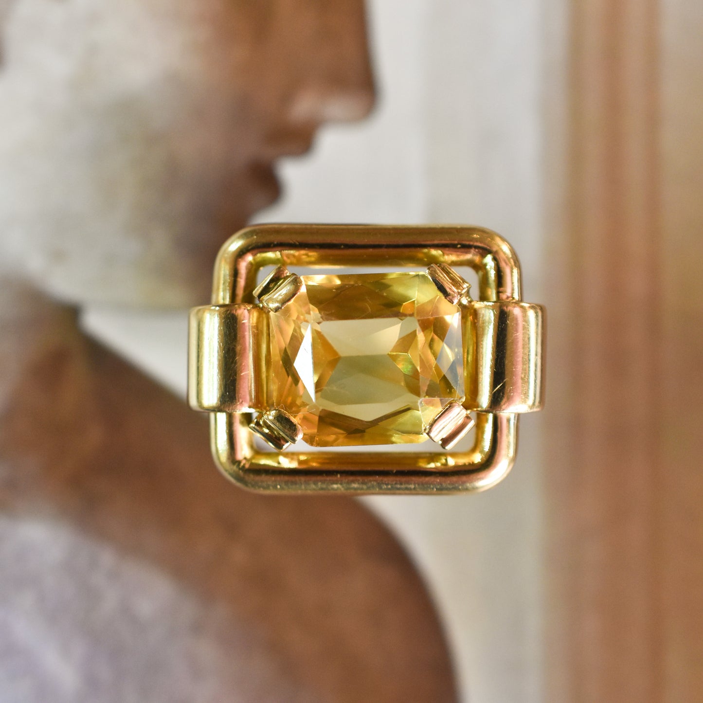1940s French Retro Citrine Tank Ring in 18k Yellow Gold