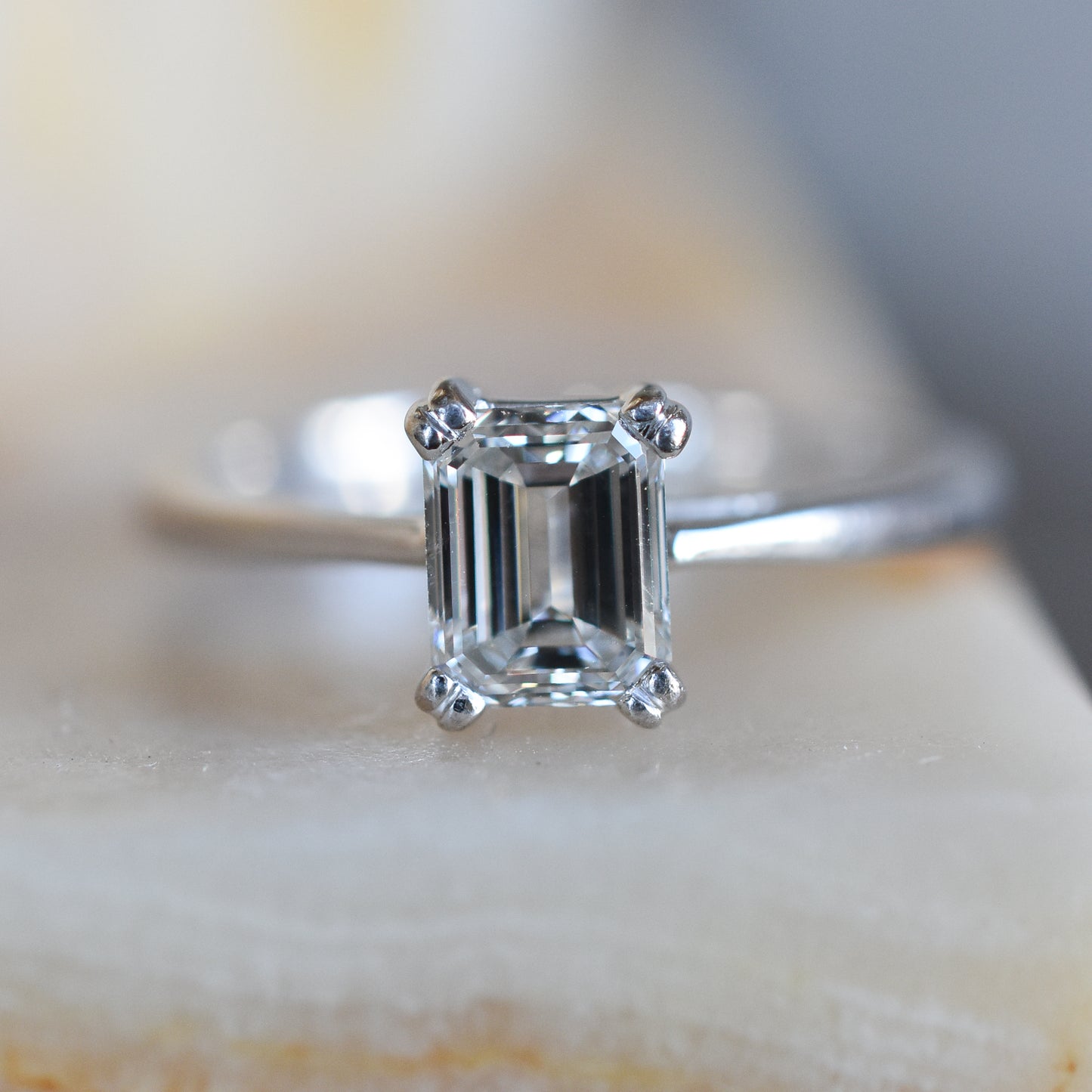 Vintage Natural 0.56ct G VS Emerald cut Diamond Solitaire Engagement Ring in 18k White Gold