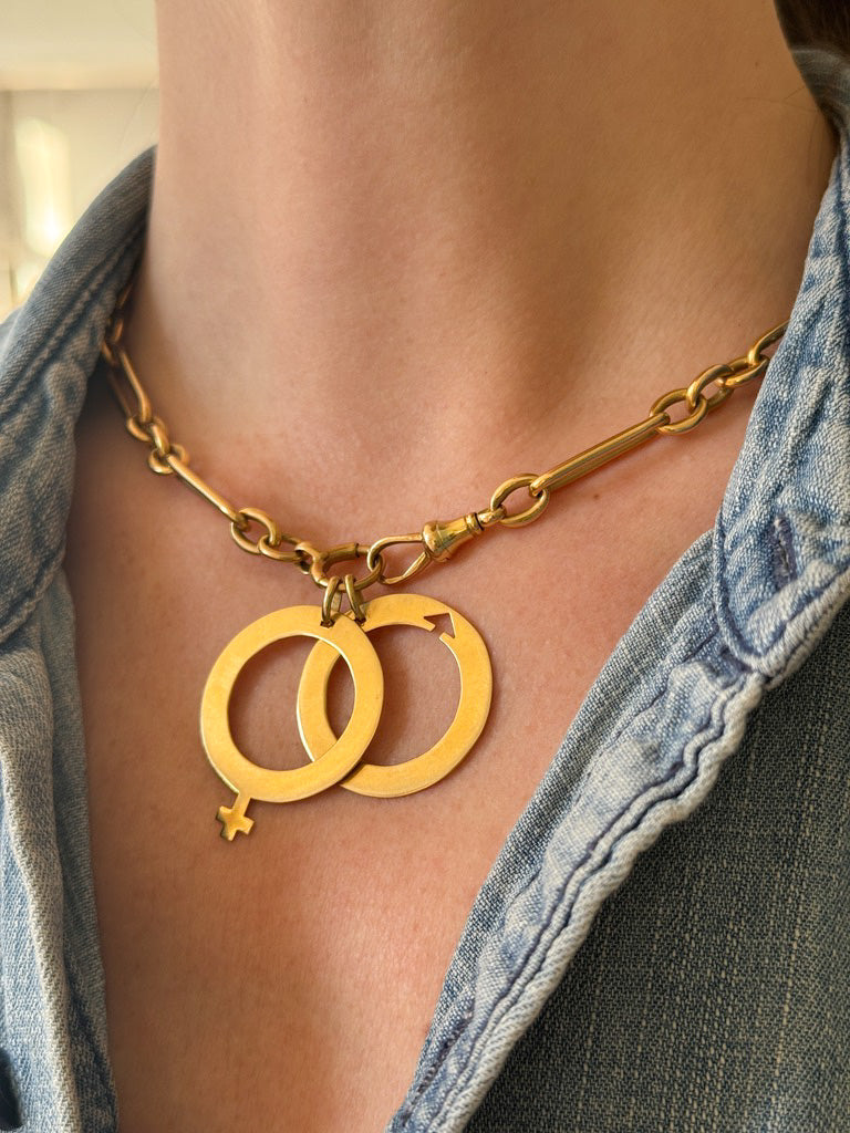 Arthus Bertrand 18k Yellow Gold Pendants – Female & Male Symbols, Openwork Circular Design