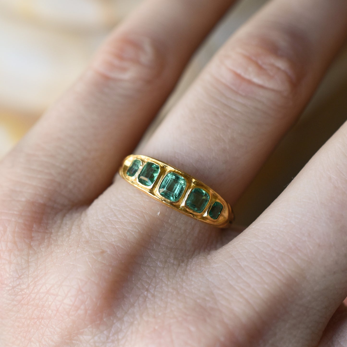 Antique Emerald Five Stone Ring in 18k Yellow Gold