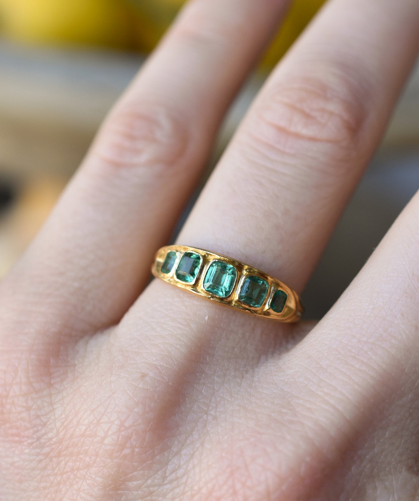 Antique Emerald Five Stone Ring in 18k Yellow Gold