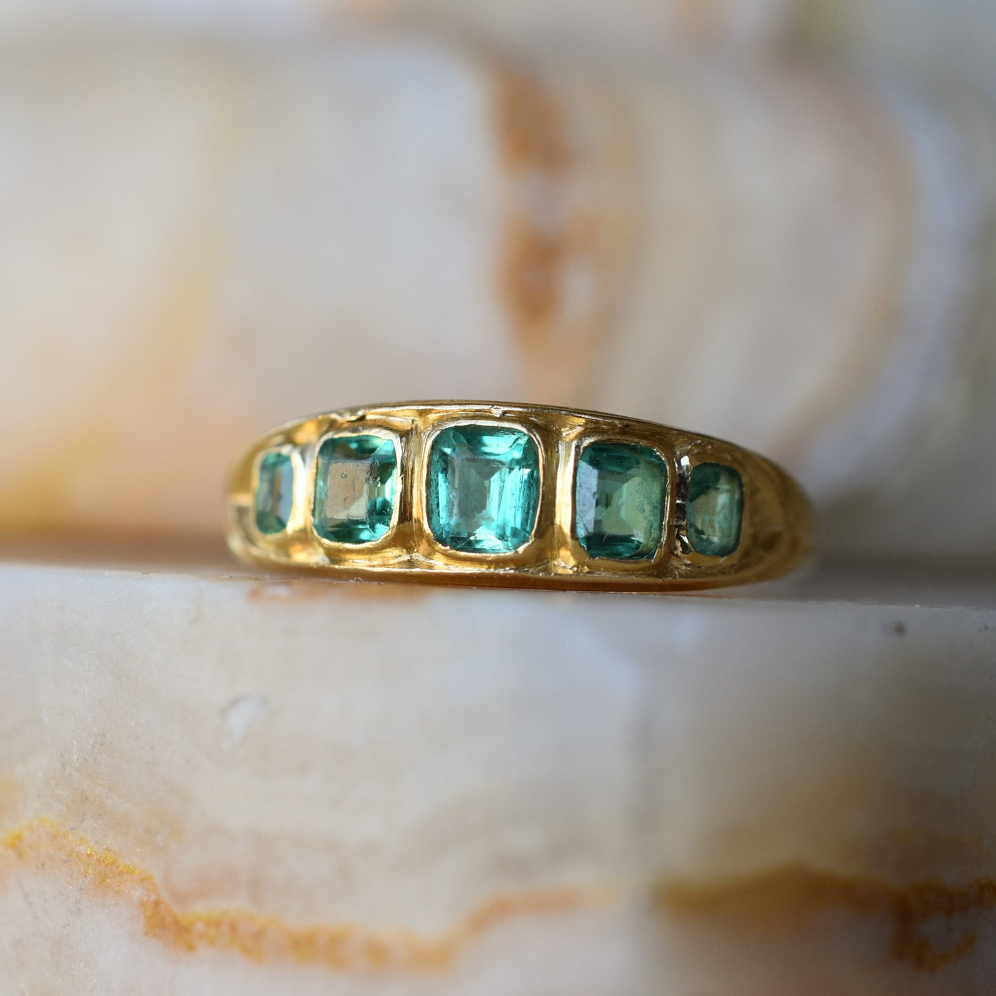 Antique Emerald Five Stone Ring in 18k Yellow Gold