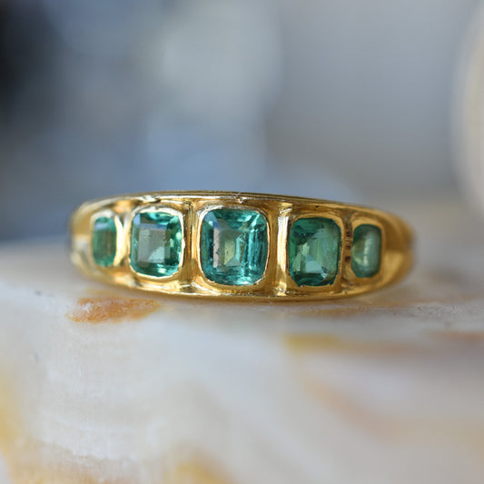 Antique Emerald Five Stone Ring in 18k Yellow Gold