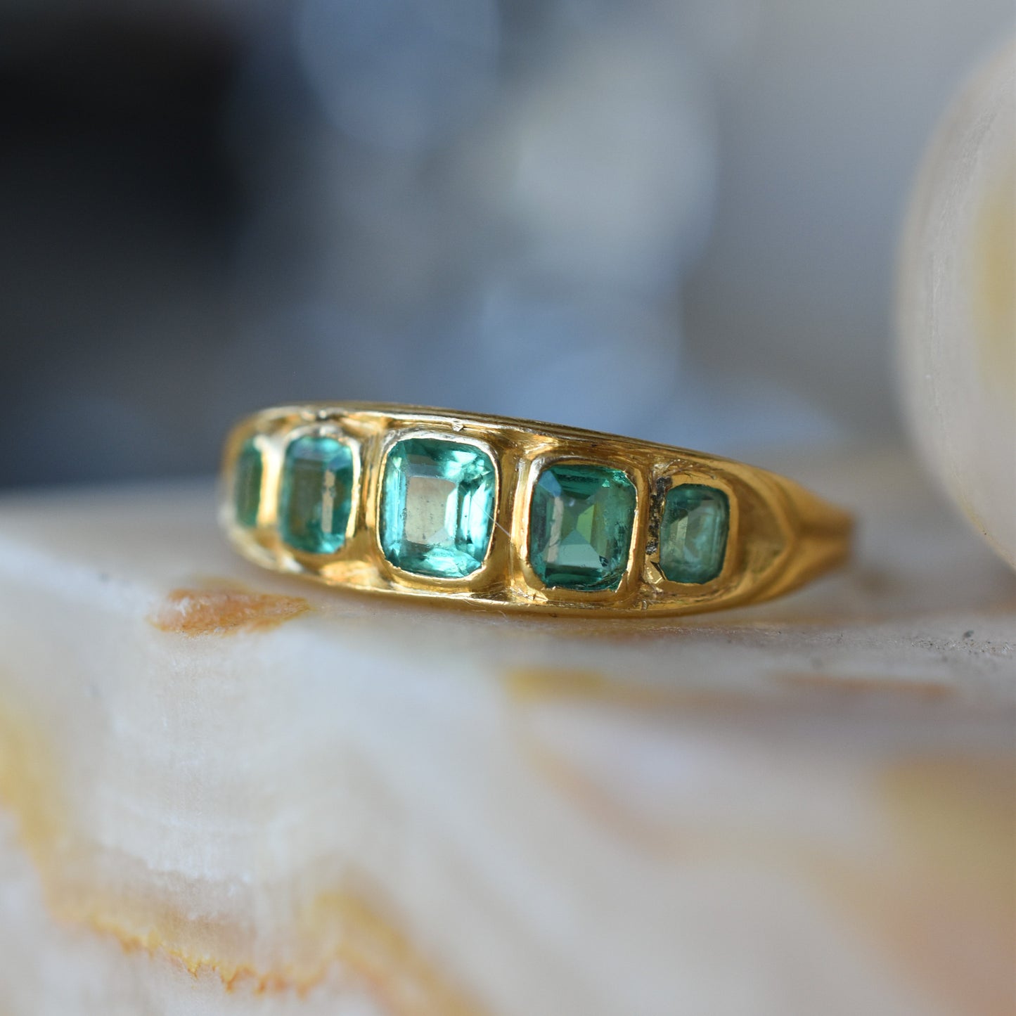 Antique Emerald Five Stone Ring in 18k Yellow Gold