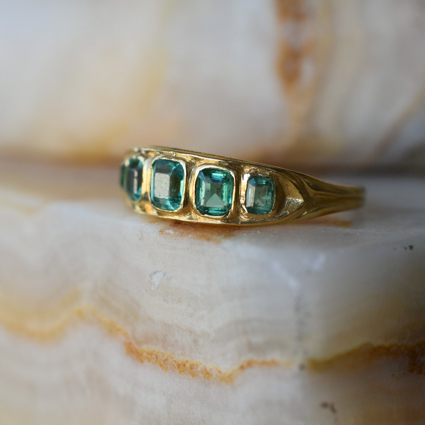 Antique Emerald Five Stone Ring in 18k Yellow Gold