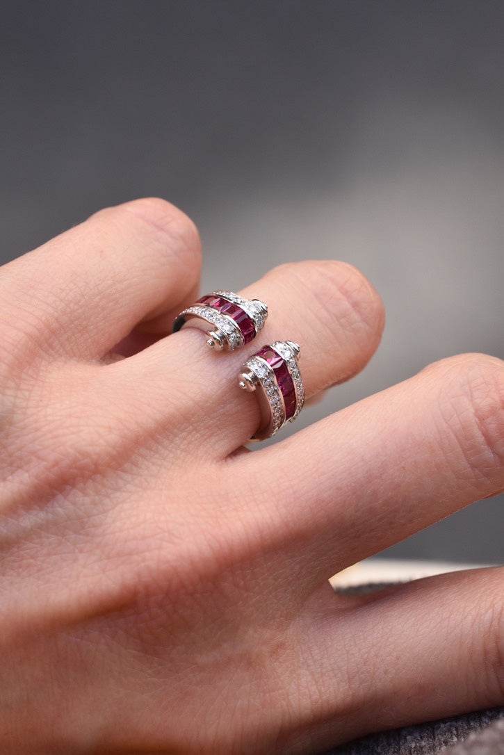 French Art Deco Inspired Ruby and Diamond Tank Ring in 18k White Gold