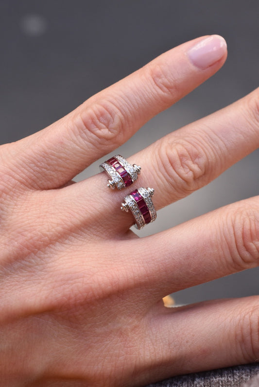 French Art Deco Inspired Ruby and Diamond Tank Ring in 18k White Gold