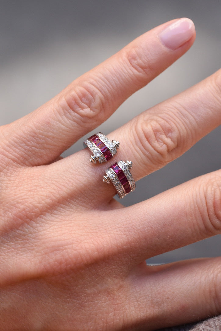 French Art Deco Inspired Ruby and Diamond Tank Ring in 18k White Gold