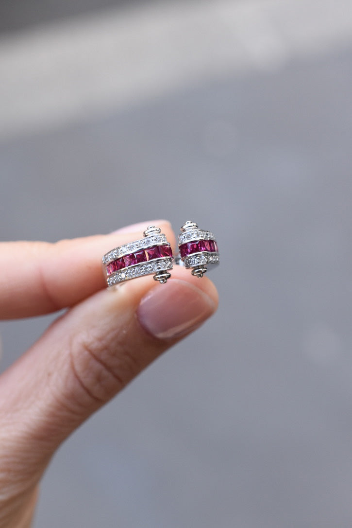 French Art Deco Inspired Ruby and Diamond Tank Ring in 18k White Gold