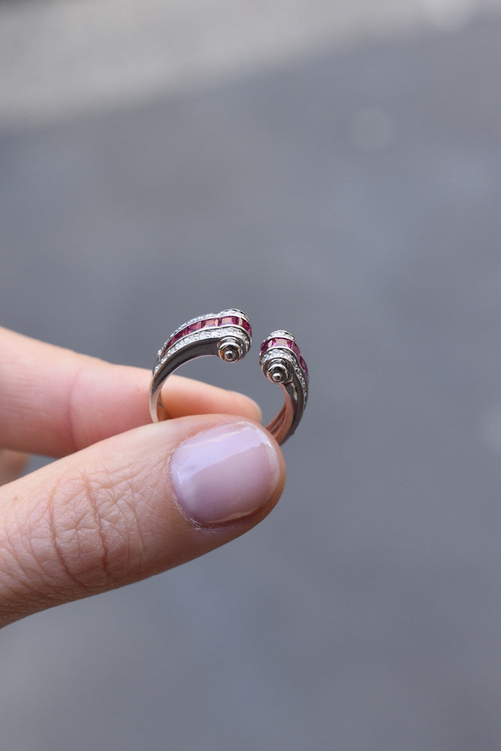 French Art Deco Inspired Ruby and Diamond Tank Ring in 18k White Gold