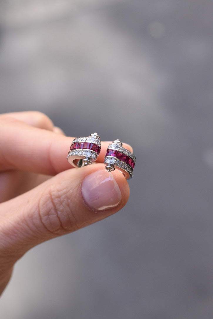 French Art Deco Inspired Ruby and Diamond Tank Ring in 18k White Gold