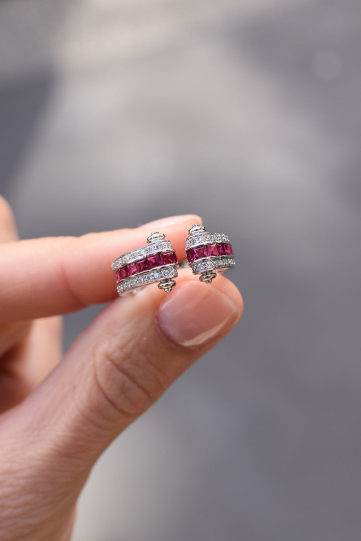 French Art Deco Inspired Ruby and Diamond Tank Ring in 18k White Gold