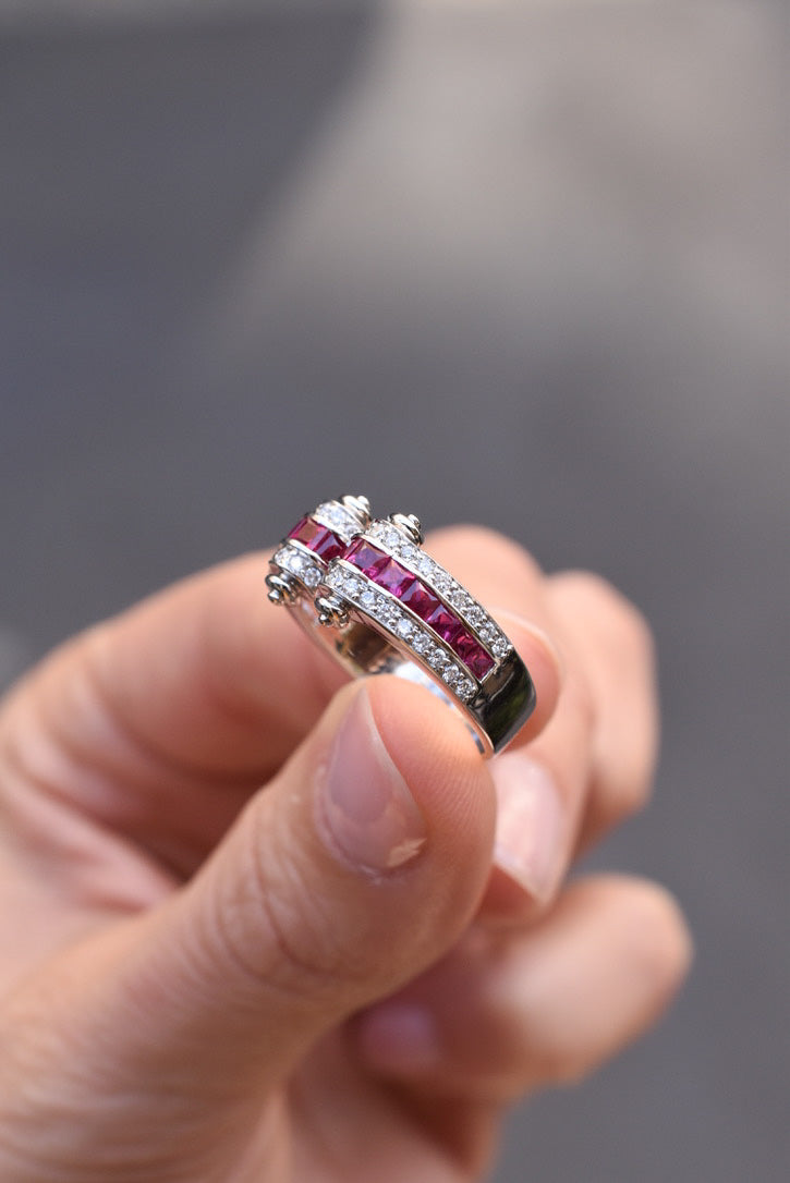 French Art Deco Inspired Ruby and Diamond Tank Ring in 18k White Gold