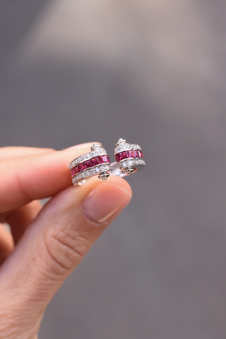 French Art Deco Inspired Ruby and Diamond Tank Ring in 18k White Gold