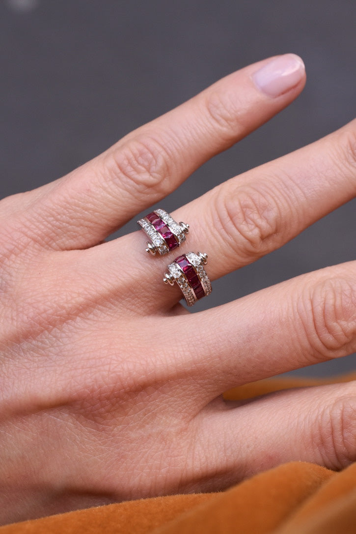 French Art Deco Inspired Ruby and Diamond Tank Ring in 18k White Gold