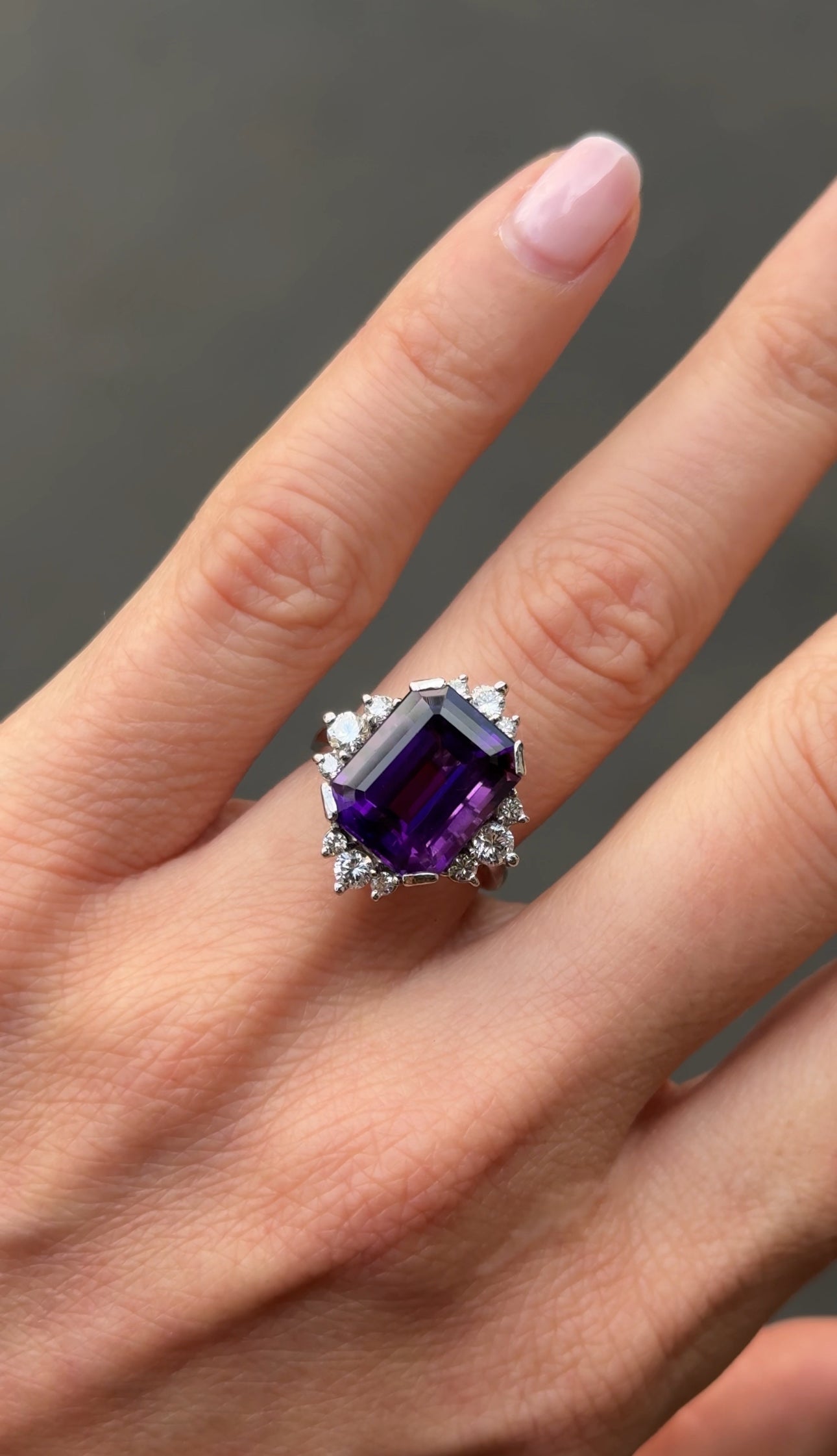 Vintage 1970s Amethyst and Diamond Cocktail Ring in 18k White Gold