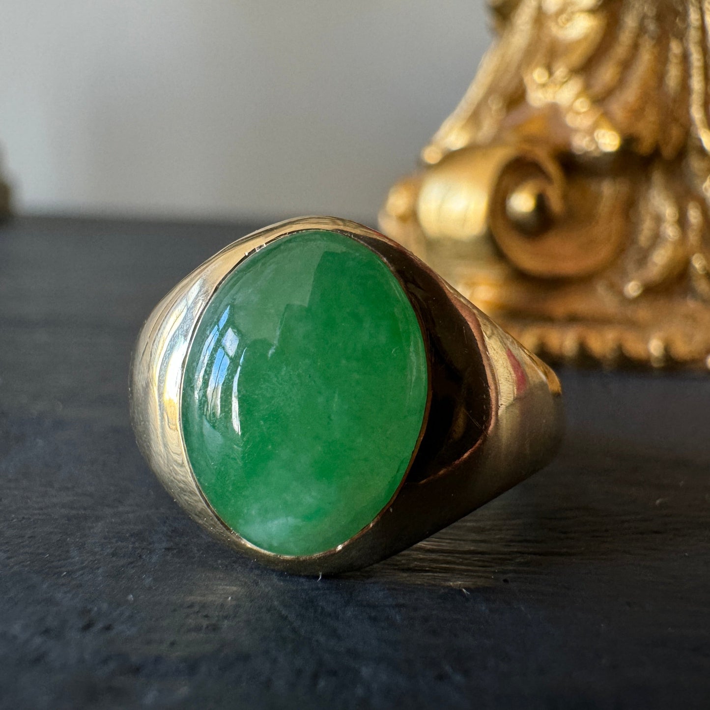 3ct Natural Untreated 'Type A' Jade Signet Ring in 18K Yellow Gold