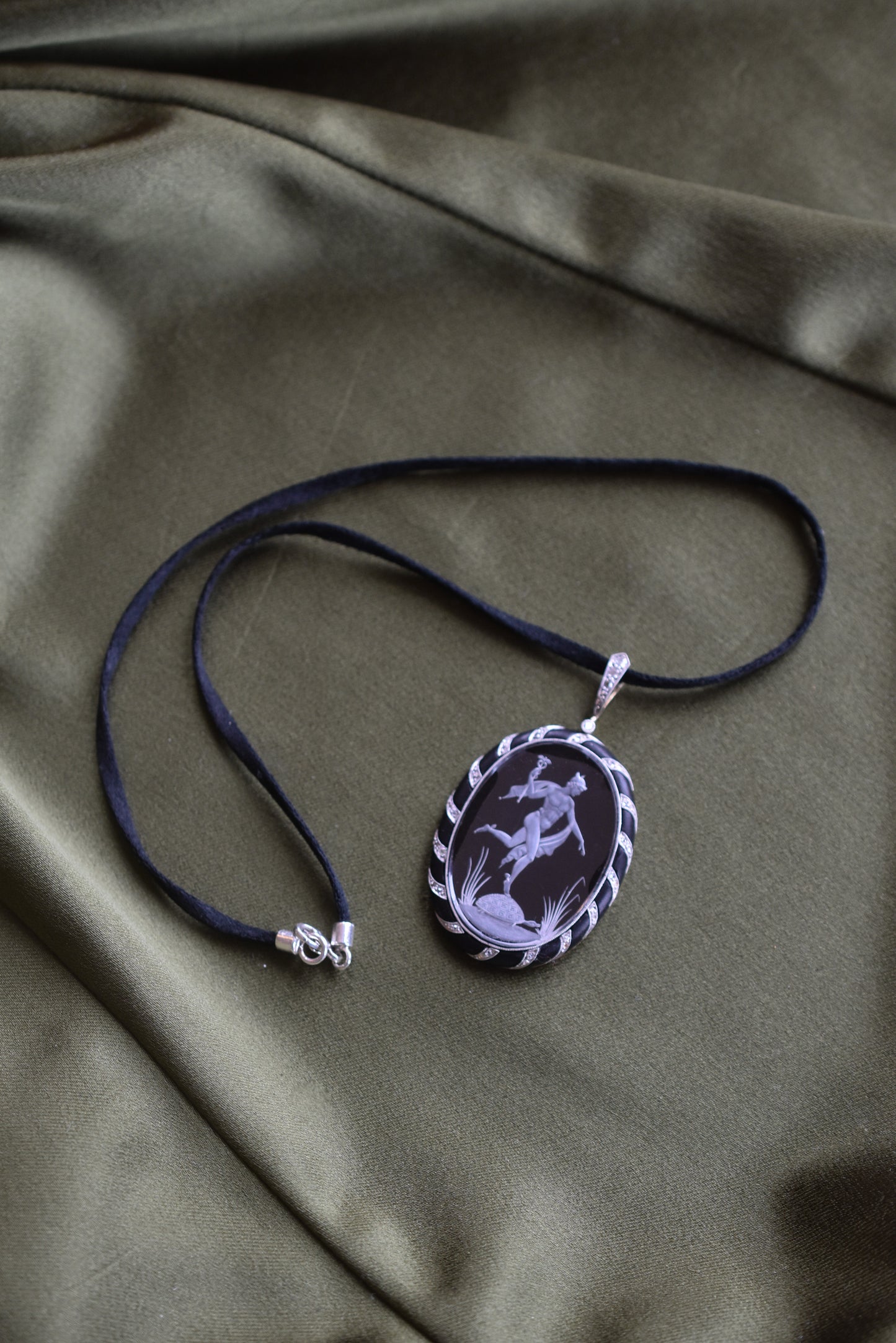 Antique Reverse Intaglio Rock Crystal, Jet and Diamond Pendant depicting Hermes and Chelone