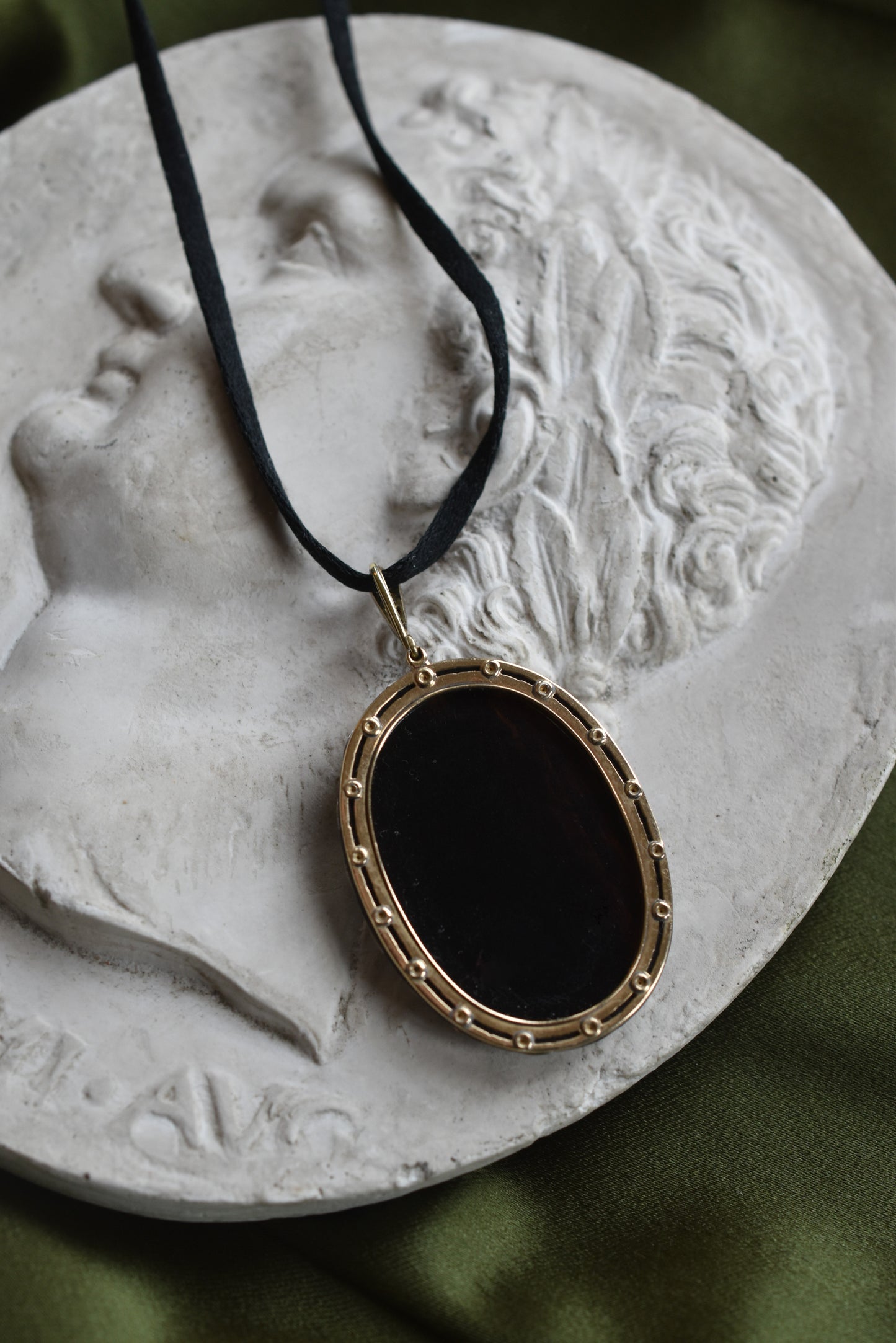 Antique Reverse Intaglio Rock Crystal, Jet and Diamond Pendant depicting Hermes and Chelone