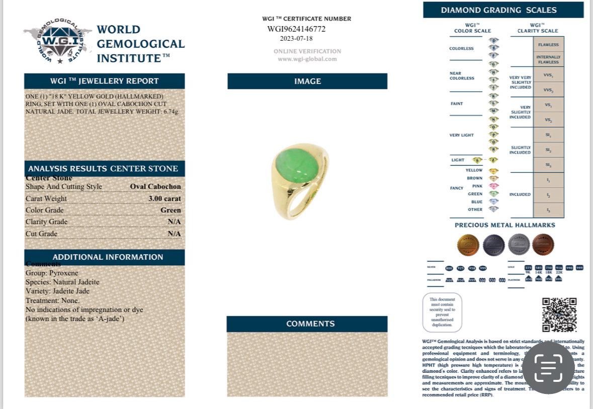 3ct Natural Untreated 'Type A' Jade Signet Ring in 18K Yellow Gold