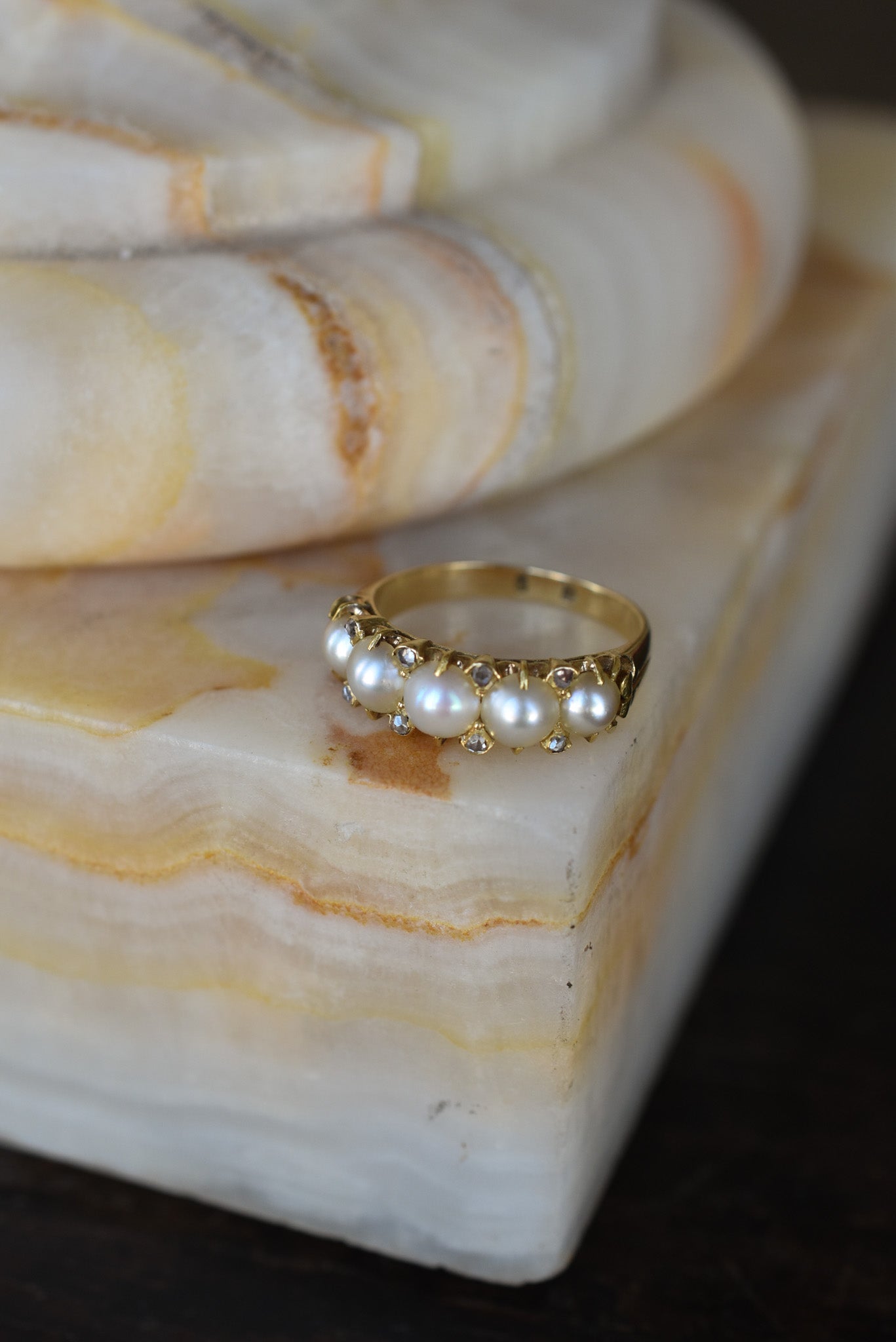 Antique Pearl and Rose cut Diamond Ring mounted on 18k Yellow Gold