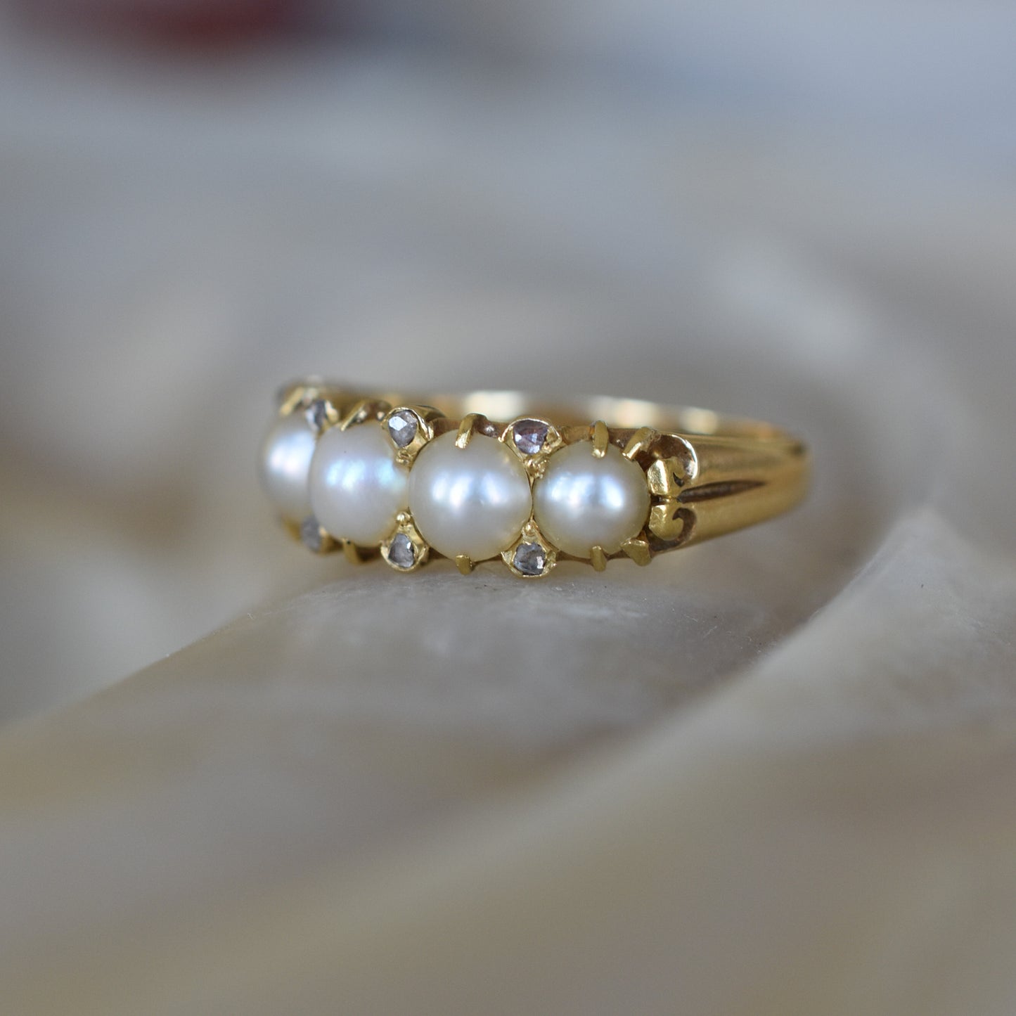 Antique Pearl and Rose cut Diamond Ring mounted on 18k Yellow Gold