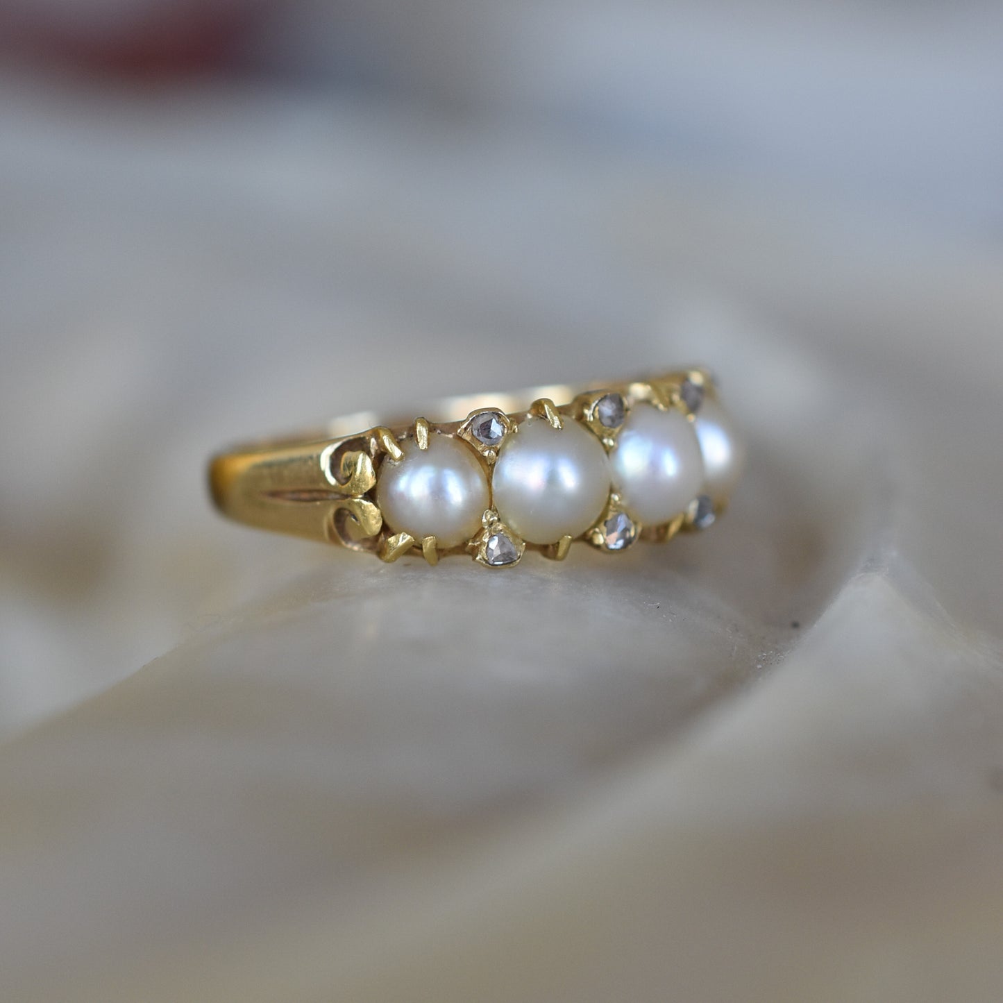 Antique Pearl and Rose cut Diamond Ring mounted on 18k Yellow Gold