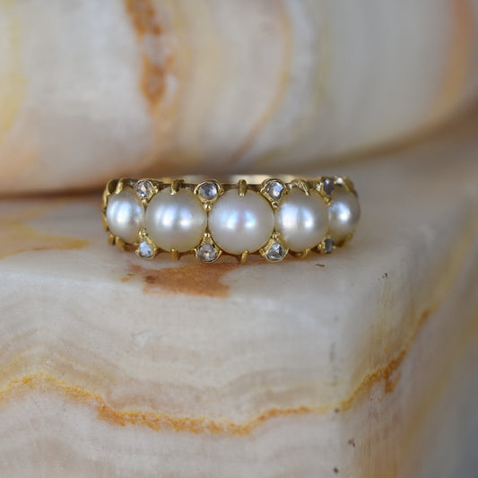Antique Pearl and Rose cut Diamond Ring mounted on 18k Yellow Gold