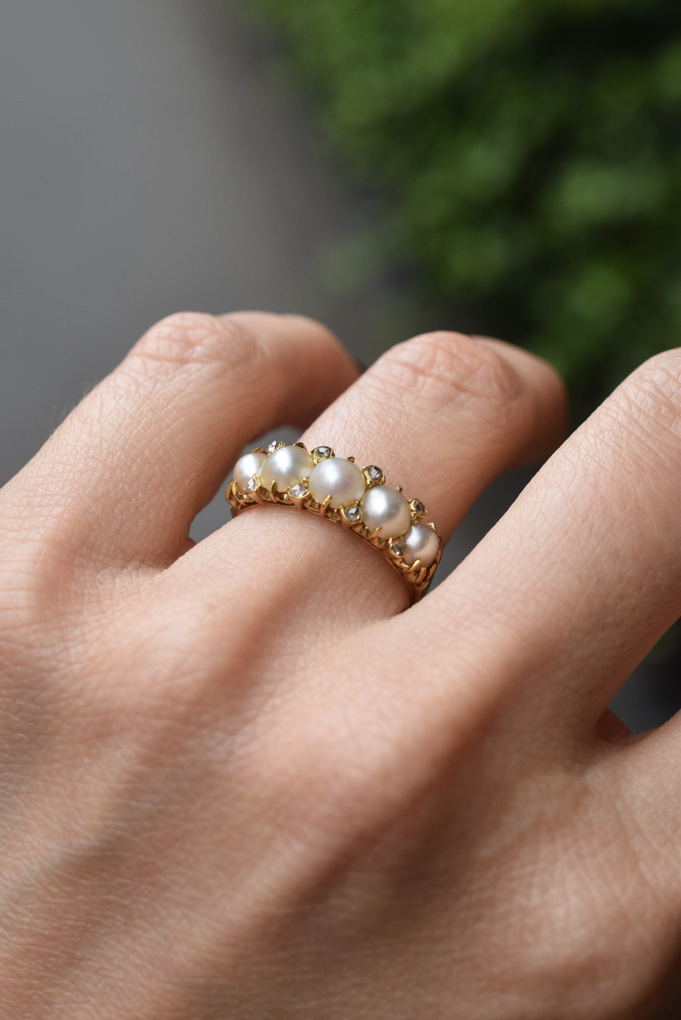 Antique Pearl and Rose cut Diamond Ring mounted on 18k Yellow Gold