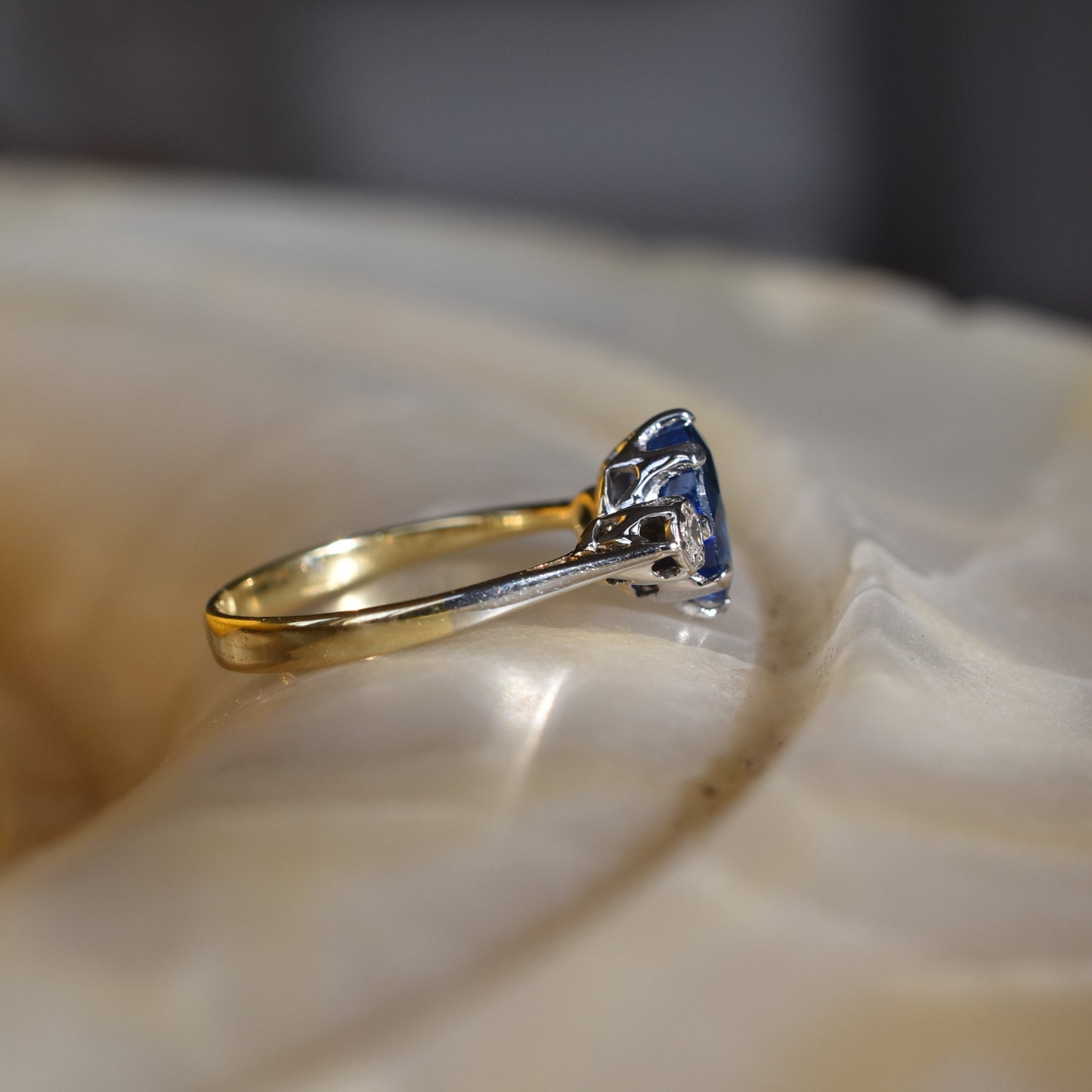 Antique 1.75ct Sapphire and Diamond Solitaire Engagement Ring in 18k Yellow Gold and Platinum