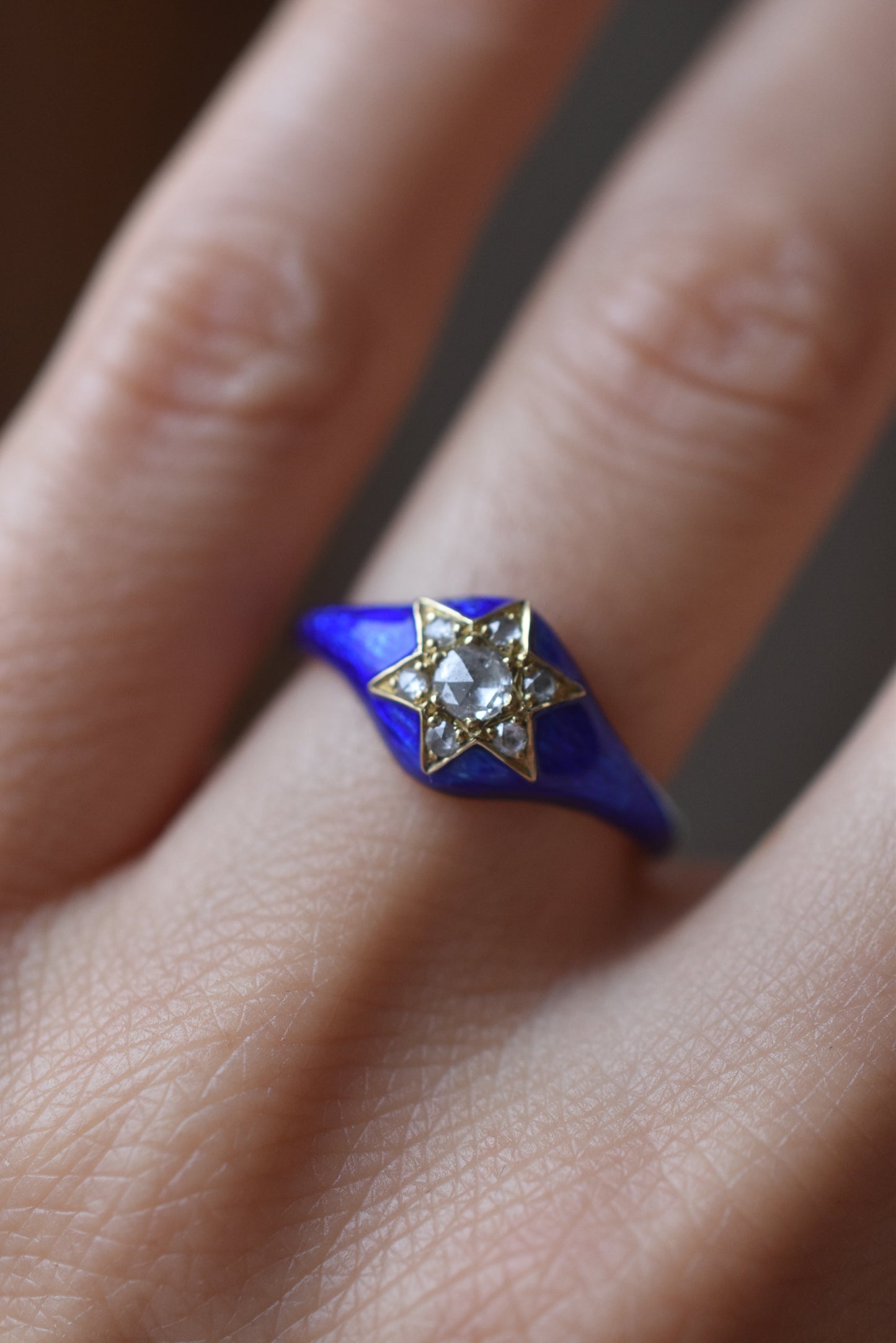 Blue Enamel and Rose cut Diamond Star Ring in 18k Yellow Gold