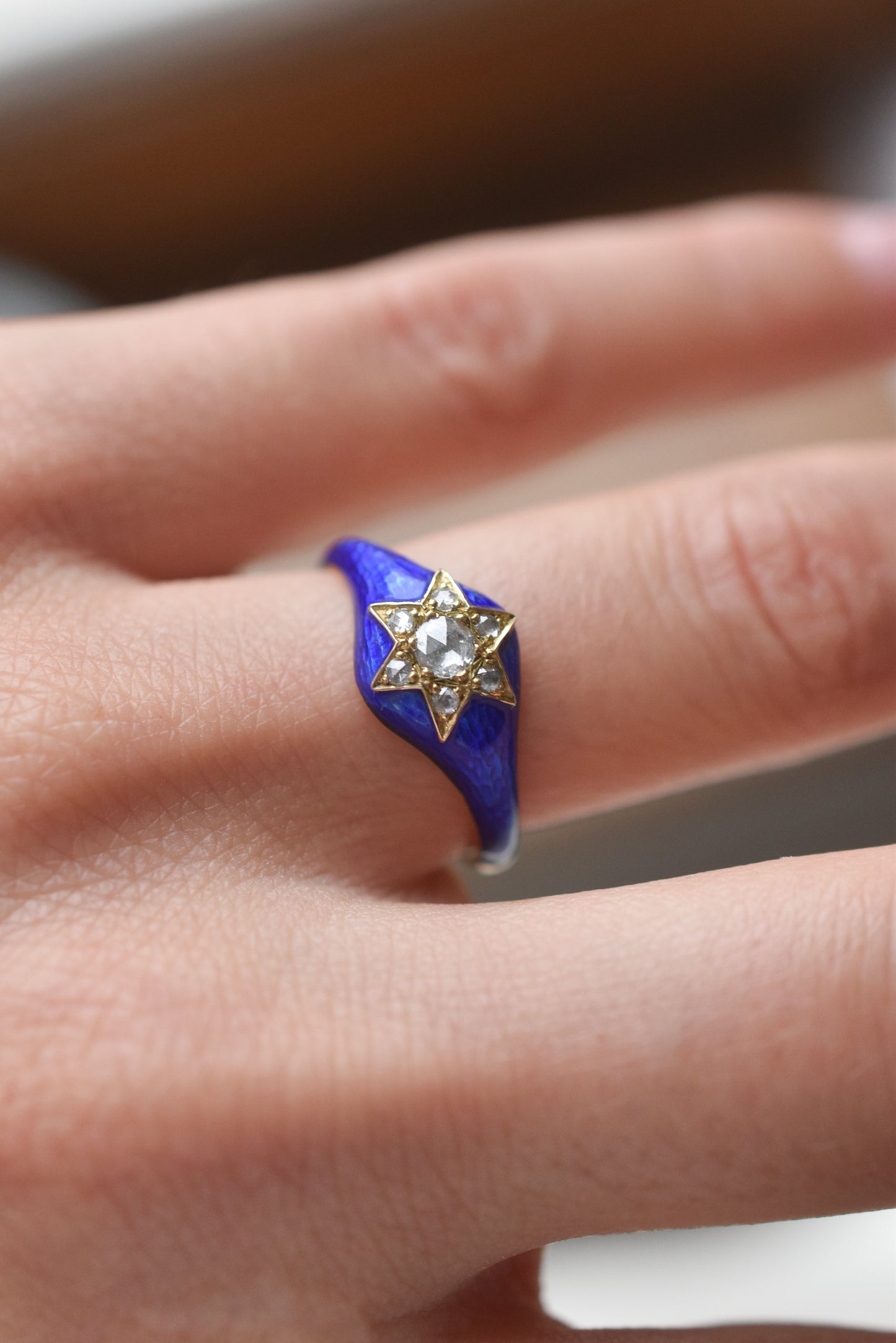 Blue Enamel and Rose cut Diamond Star Ring in 18k Yellow Gold