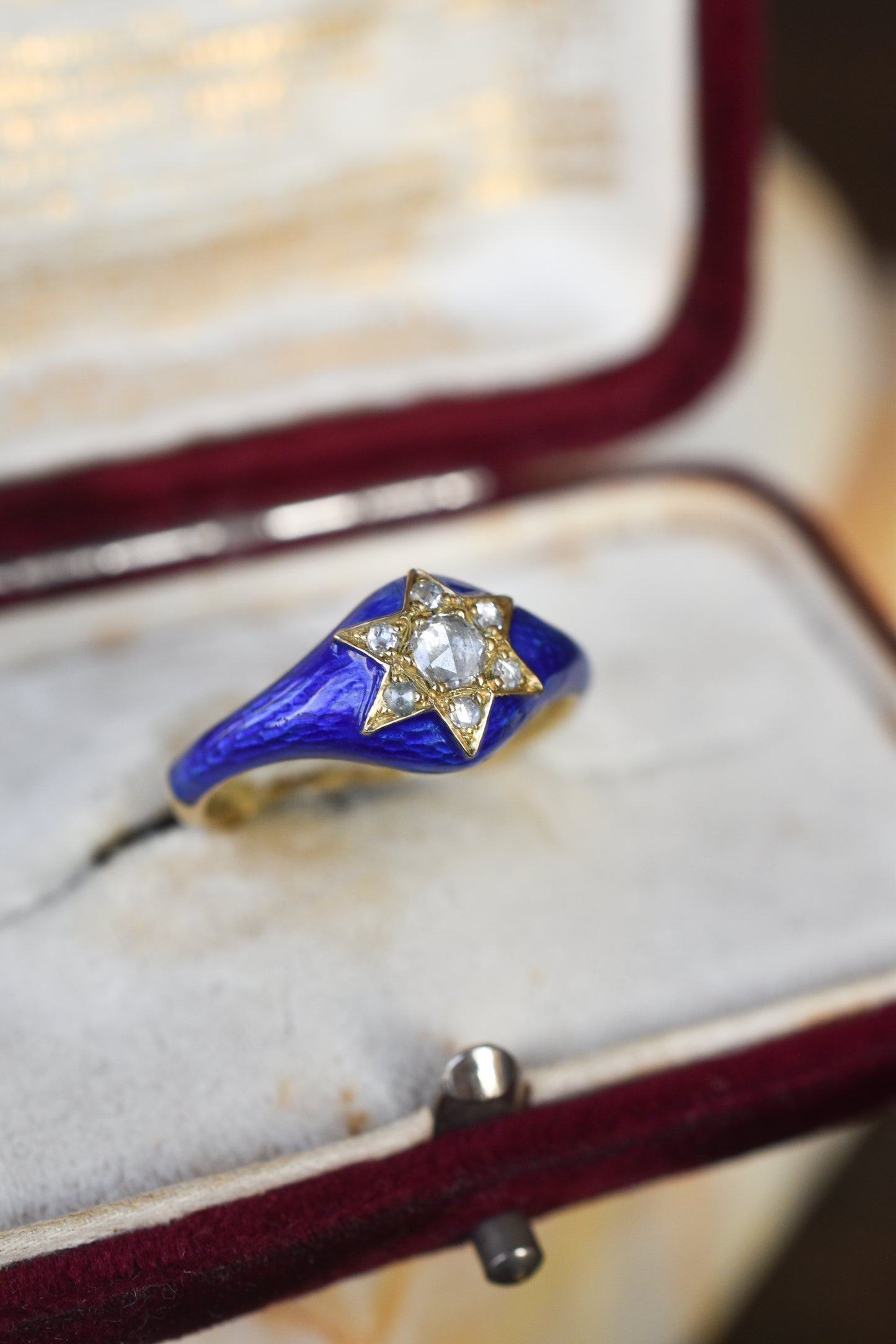 Blue Enamel and Rose cut Diamond Star Ring in 18k Yellow Gold