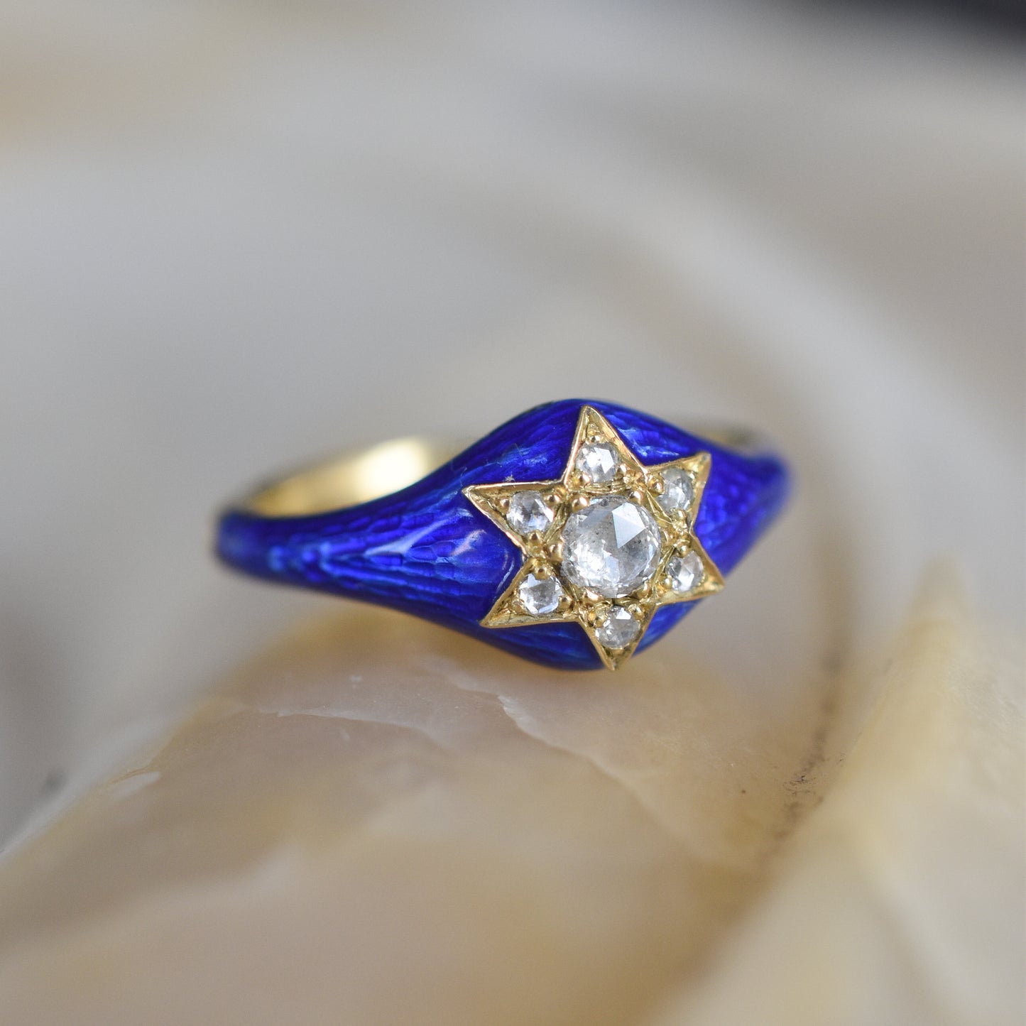 Blue Enamel and Rose cut Diamond Star Ring in 18k Yellow Gold