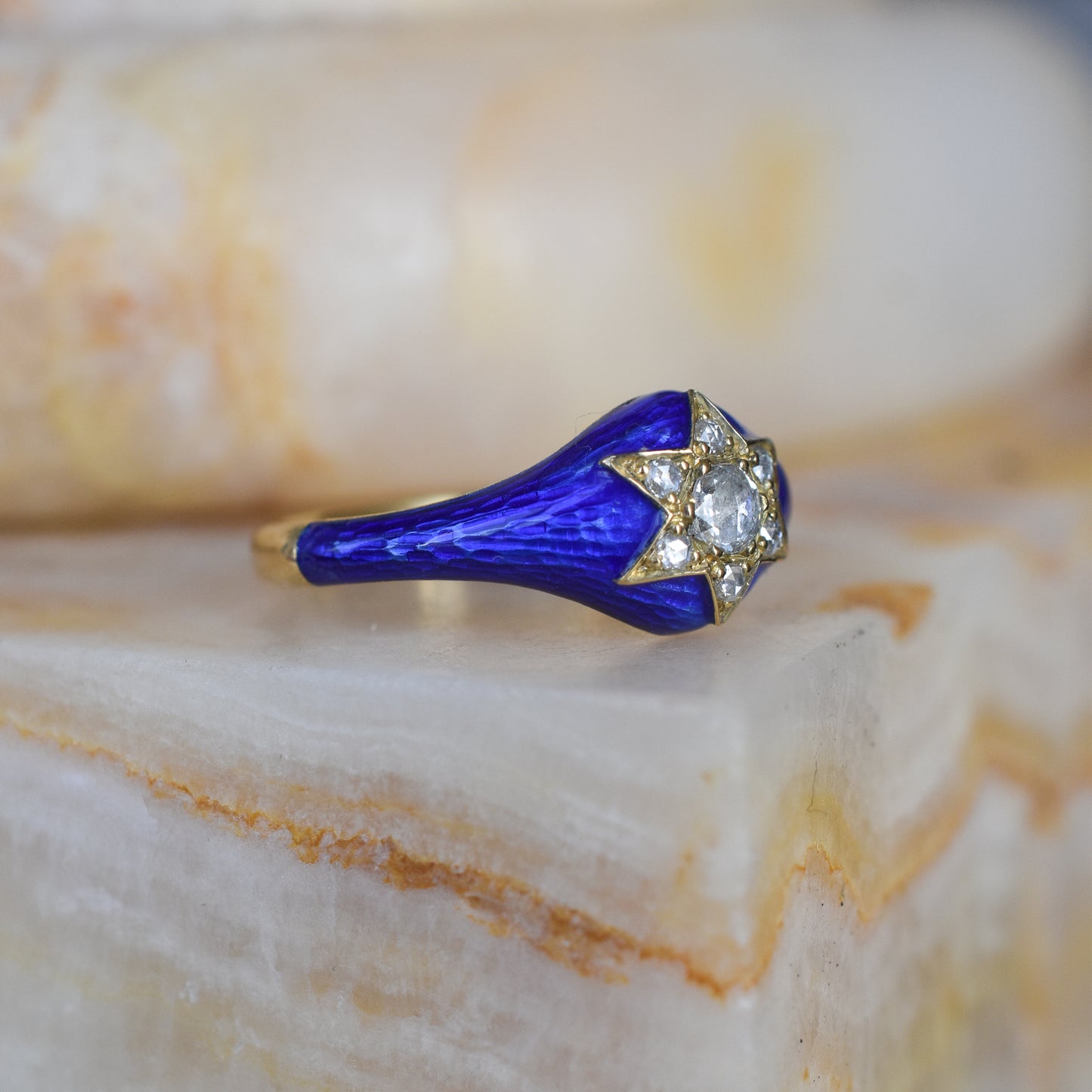 Blue Enamel and Rose cut Diamond Star Ring in 18k Yellow Gold