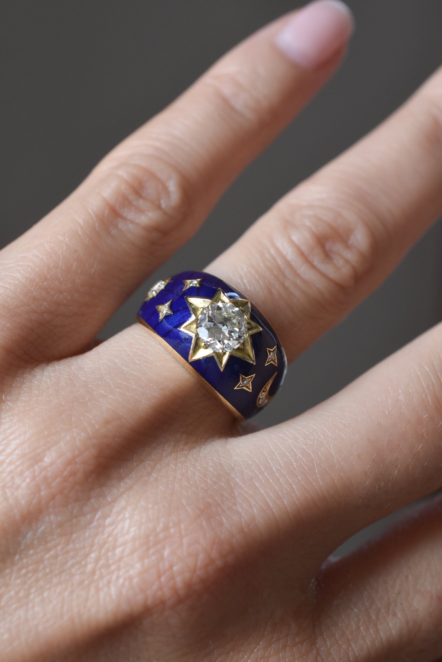 Old European cut Diamond and Blue Enamel Celestial ‘Star’ Ring in 18k Yellow Gold