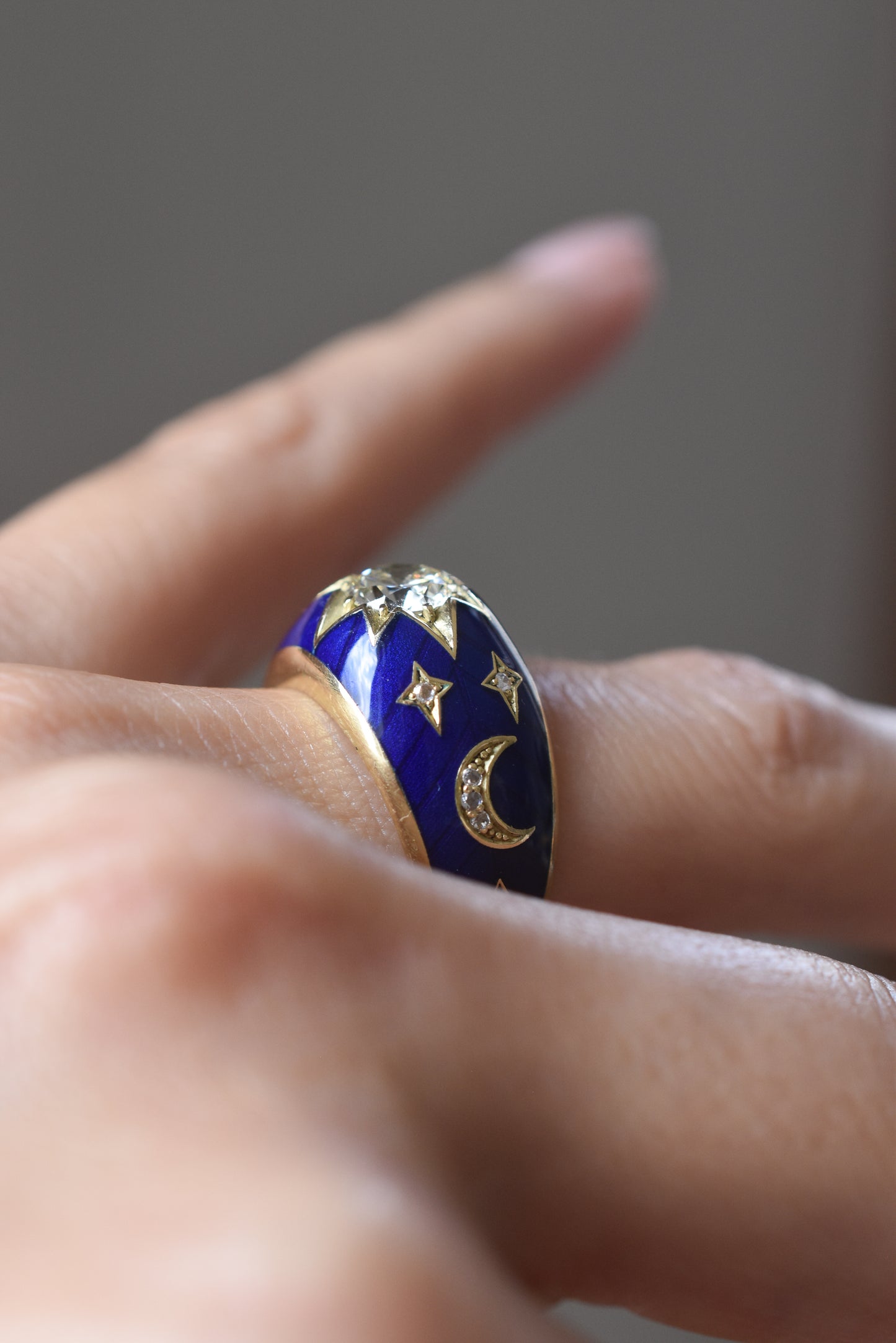 Old European cut Diamond and Blue Enamel Celestial ‘Star’ Ring in 18k Yellow Gold