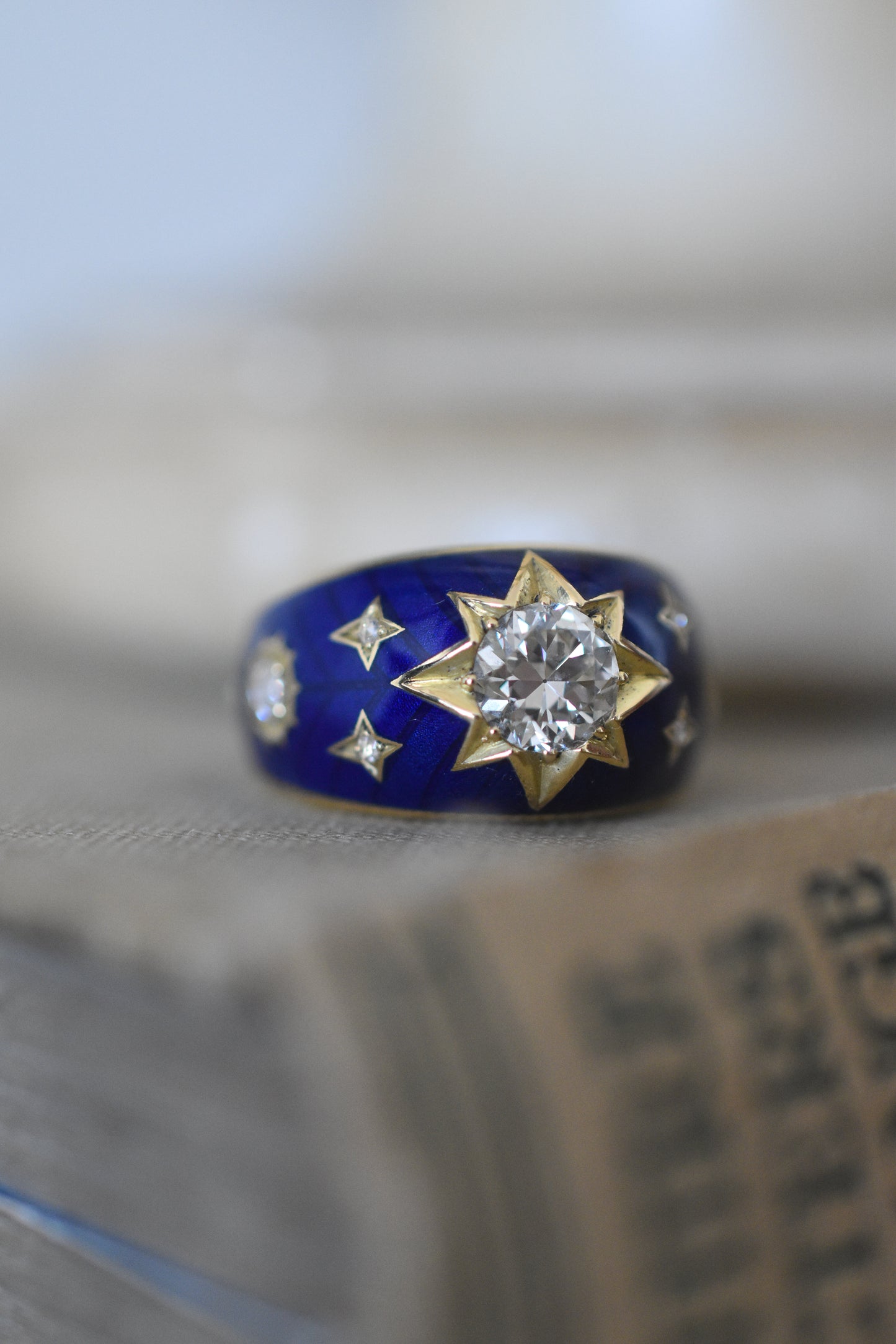 Old European cut Diamond and Blue Enamel Celestial ‘Star’ Ring in 18k Yellow Gold