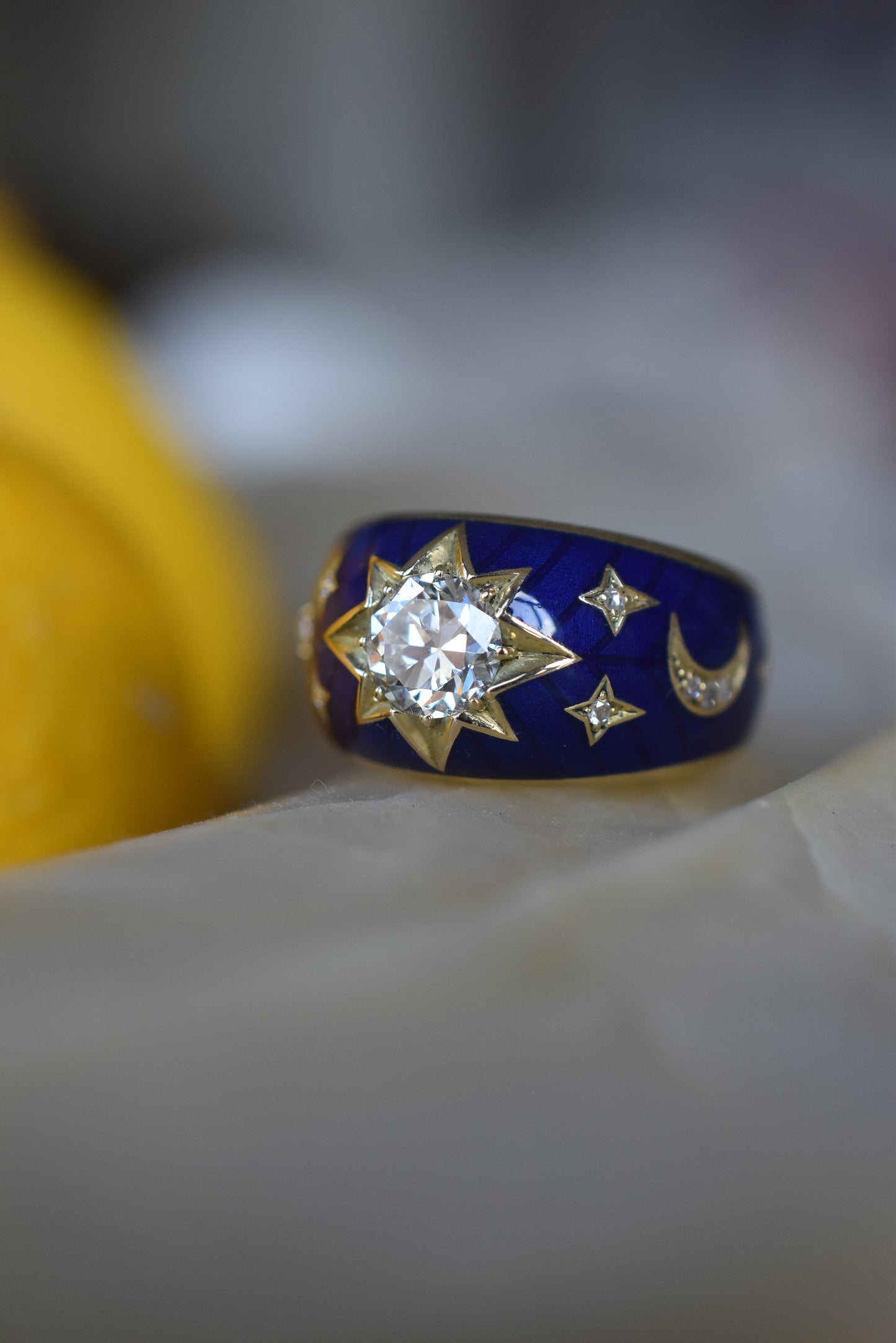 Old European cut Diamond and Blue Enamel Celestial ‘Star’ Ring in 18k Yellow Gold