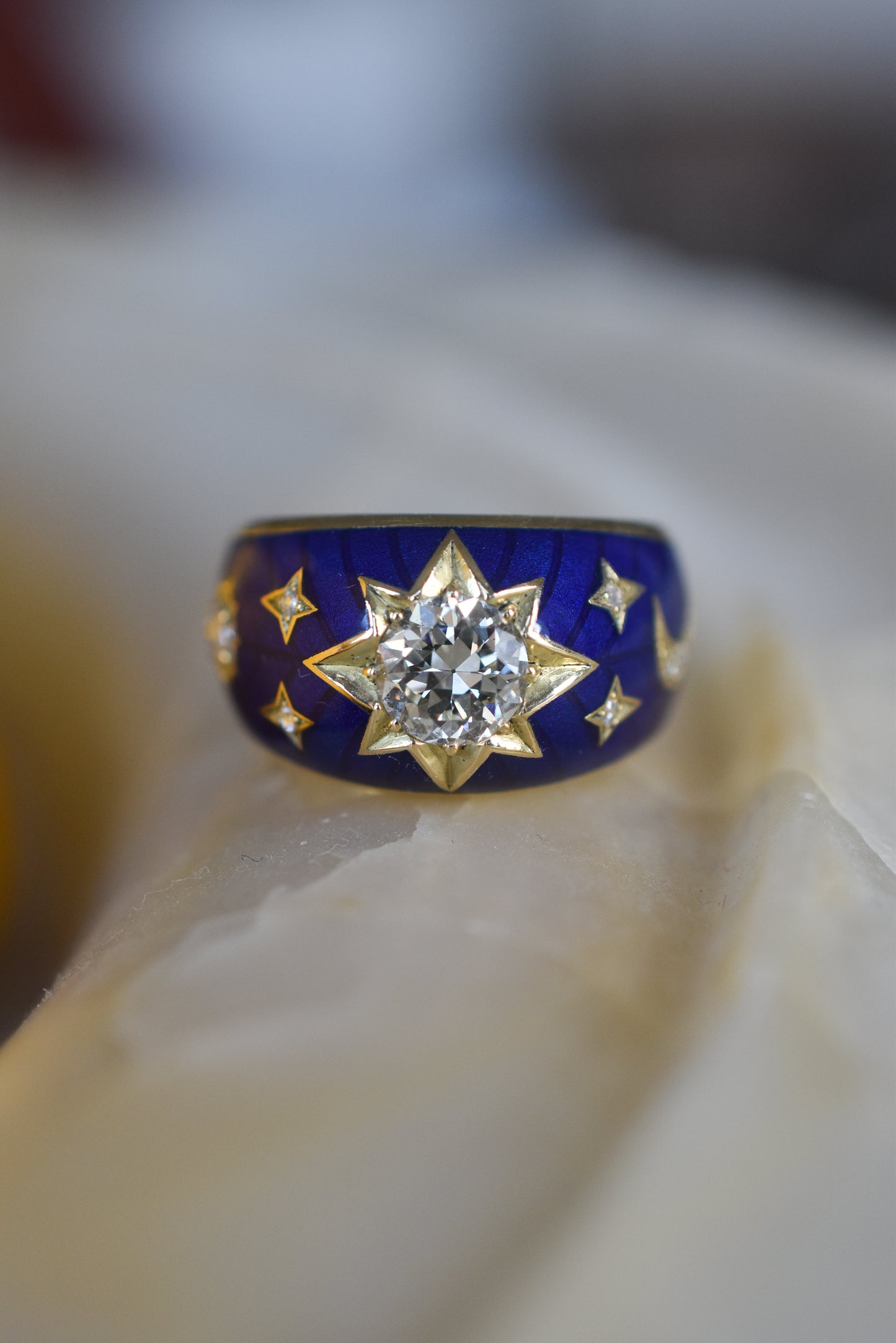 Old European cut Diamond and Blue Enamel Celestial ‘Star’ Ring in 18k Yellow Gold