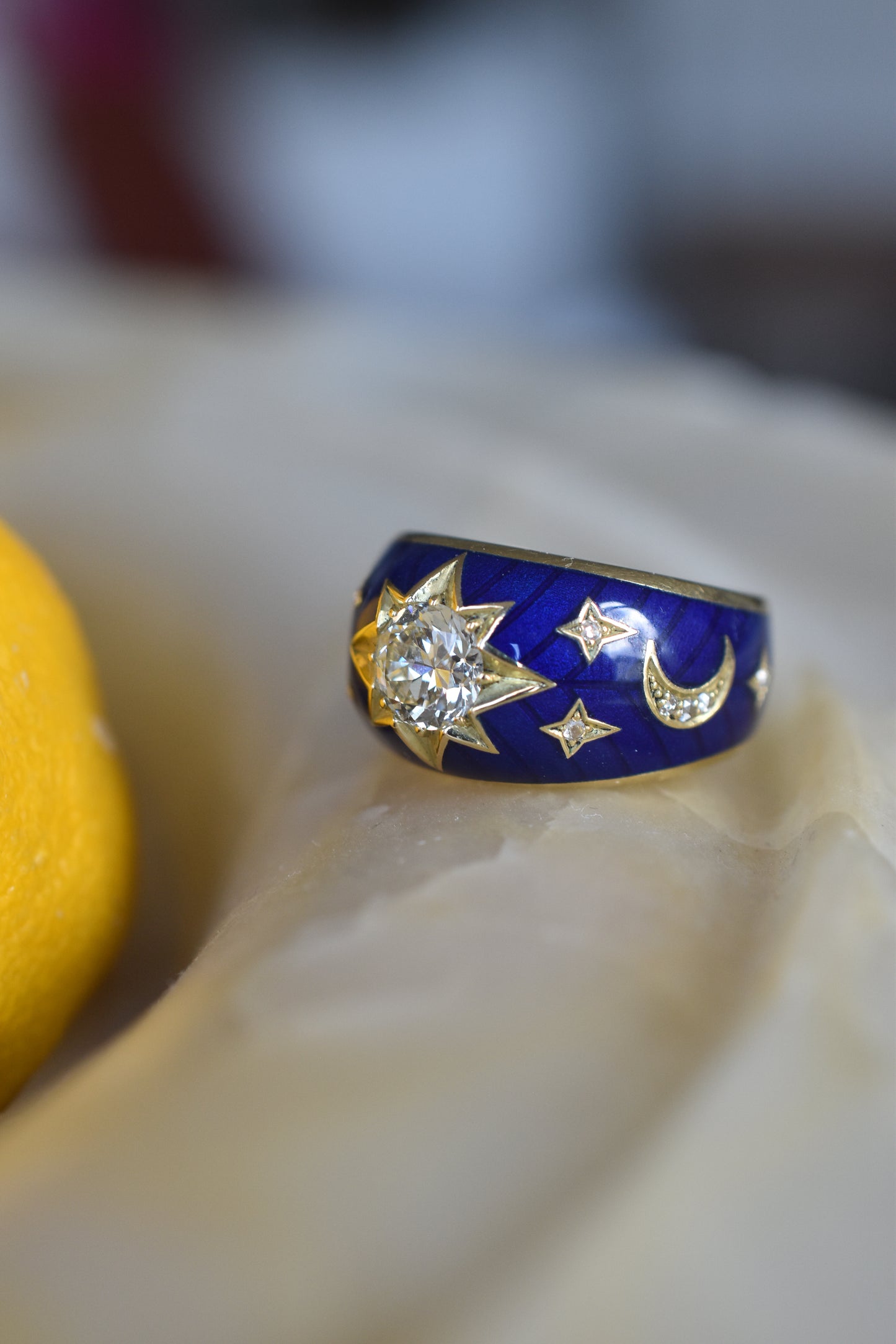 Old European cut Diamond and Blue Enamel Celestial ‘Star’ Ring in 18k Yellow Gold