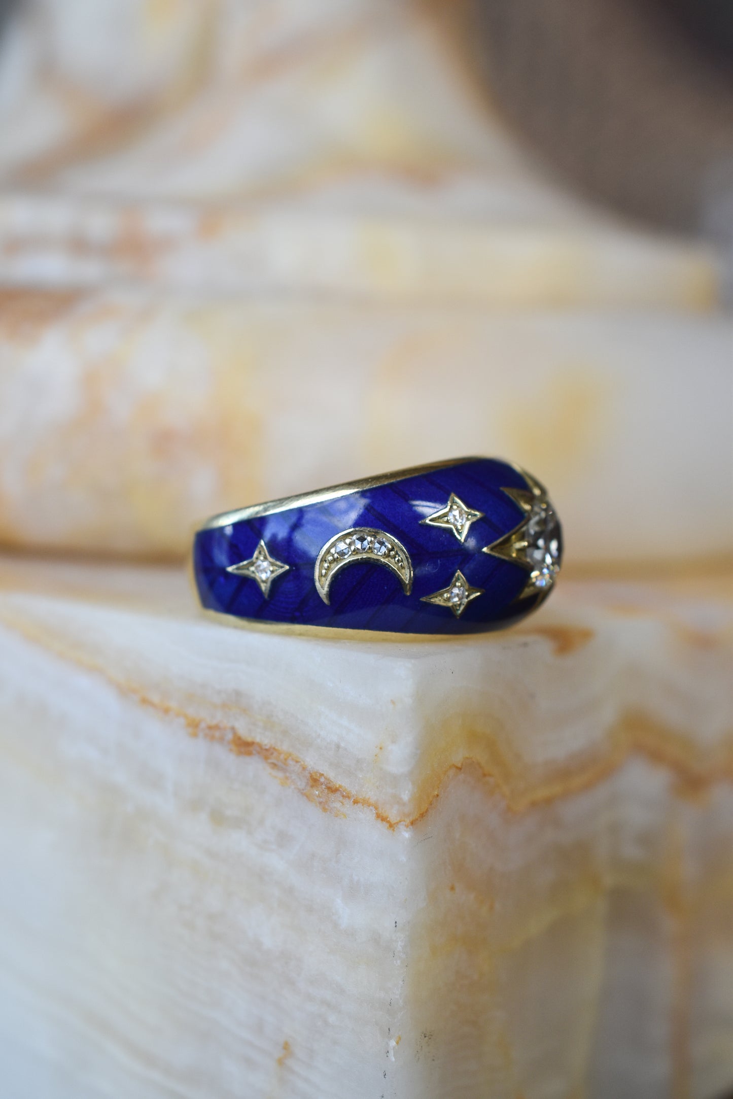 Old European cut Diamond and Blue Enamel Celestial ‘Star’ Ring in 18k Yellow Gold